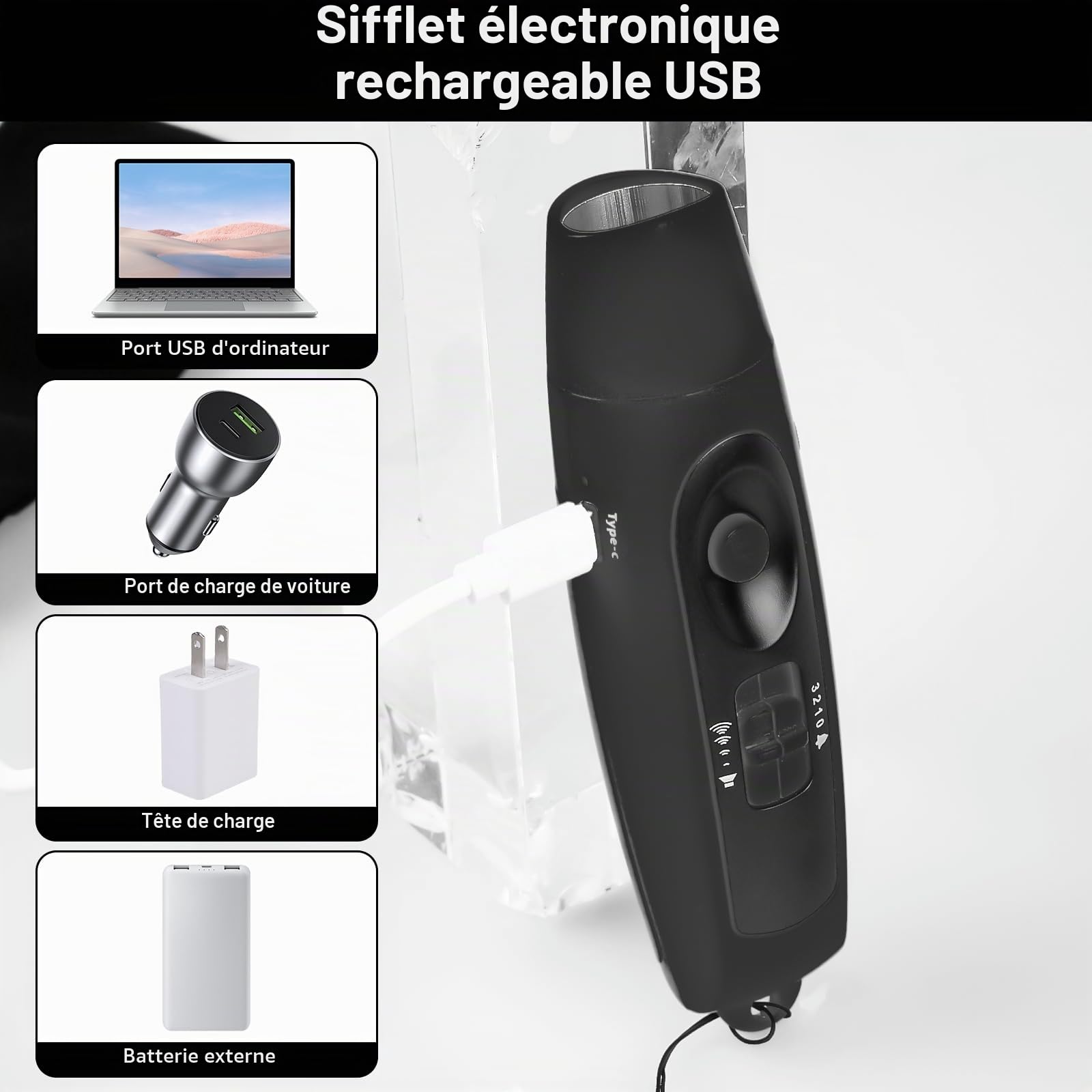 GAOUTO Sifflet électronique avec 3 sons et 2 modes d'éclairage LED, sifflet de sport portable, sifflet haute fréquence, sifflet d'extérieur pour entraîneurs, arbitres, sports, survie (noir)