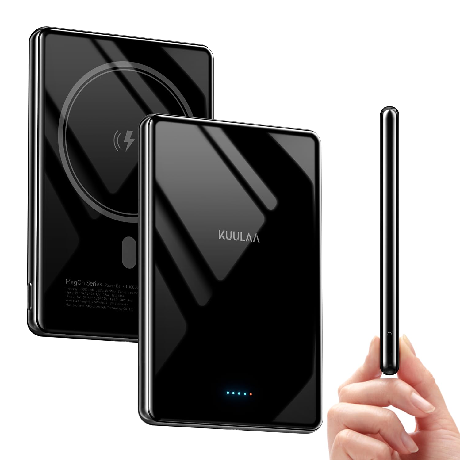 PowerBank per Magsafe 10000 mAh, 13,5mm Specchio Power bank Magnetico Wireless USB-C PD 20W, Caricatore Portatile Ricarica Rapida per iPhone 16/15/14/13/12 Plus/PRO Max (Nero) Black