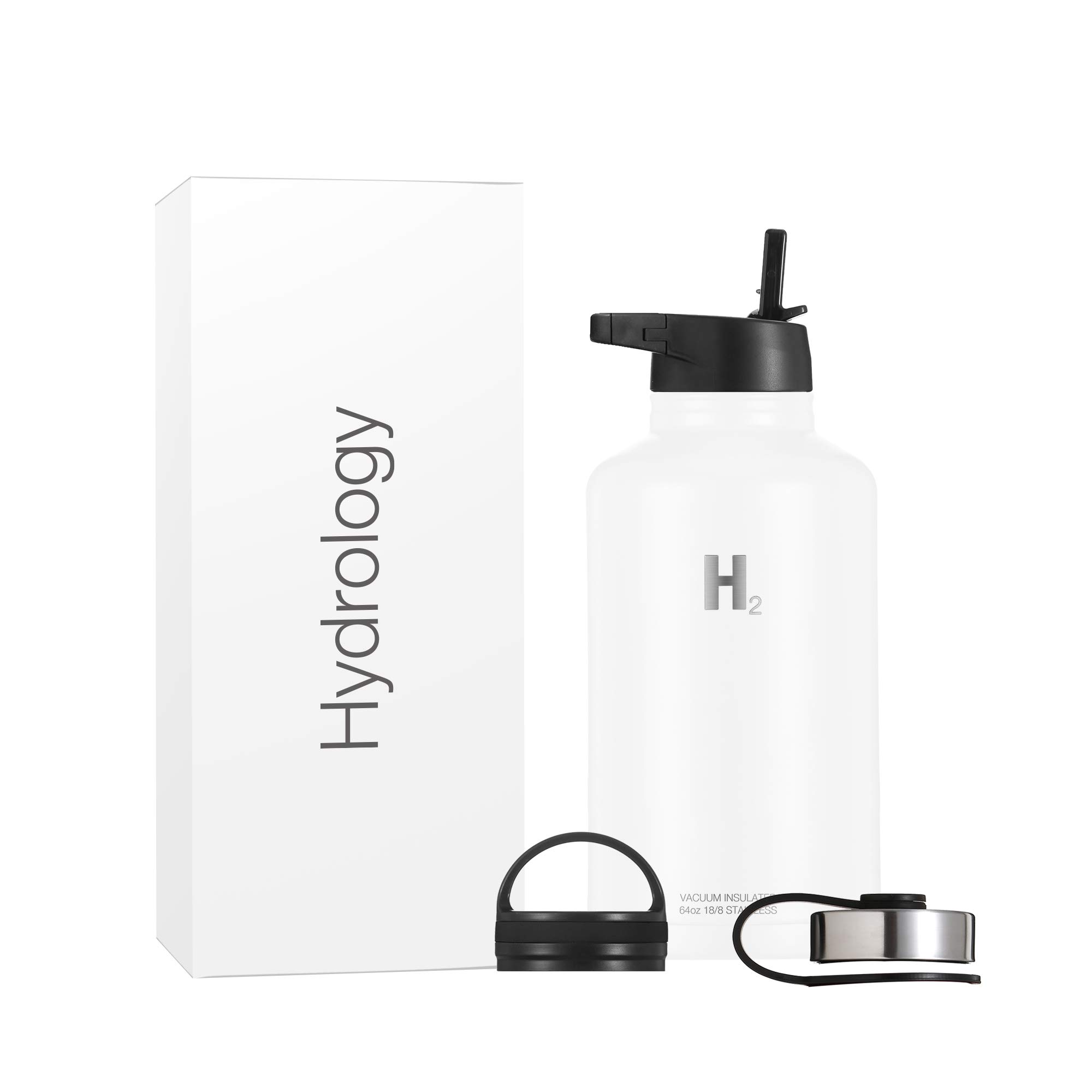 H2 HYDROLOGY Water Bottle - 18 oz, 22 oz, 32 oz, 40 oz, or 64 oz with 3 LIDS Double Wall Vacuum Insulated Stainless Steel Wide Mouth Sports Hot & Cold Thermos (64 oz, White)