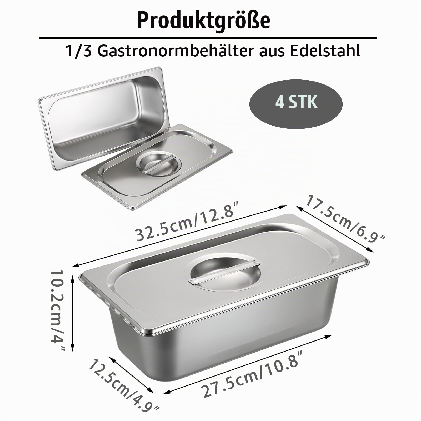 SUMNACON 4x1/3 Gastronormbehälter aus lebensmittelecht Edelstahl,Stapelbare Panierset mit Deckel,von -60° bis 400°C,Spülmaschinenfest Panierschalen für Schnitzel Fleisch Fisch Obst Eis Sauce 10cm hoch