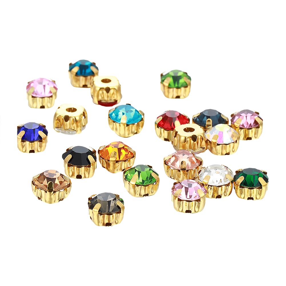 HugeDE 1440 Pcs Gold Claw Sew On Rhinestones Flatback Glass Gems Round Sewing Crystals Metal Base Gemstones Clothing Embellishments Jewels Small Glitter Craft Diamonds