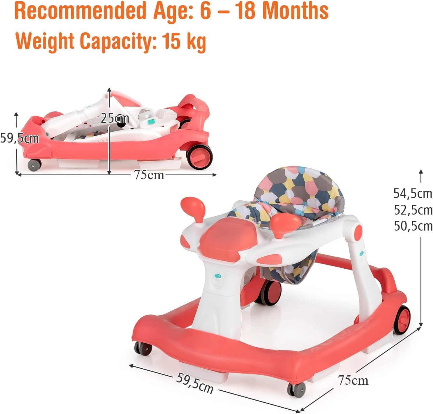 LIFEZEAL Andador 2 en 1, Caminador Plegable con Altura Ajustable 50,5-54,5cm, Andador con Música y Luz para Bebés de 6-18 meses, Desmontaje con un solo toque (Naranja)