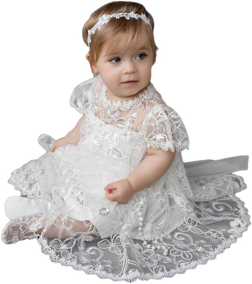 2Pcs Baby Girl's Lace Bow Baptism Dress Sequins Rhinestones Gown Christening Outfits Suit with Shoes