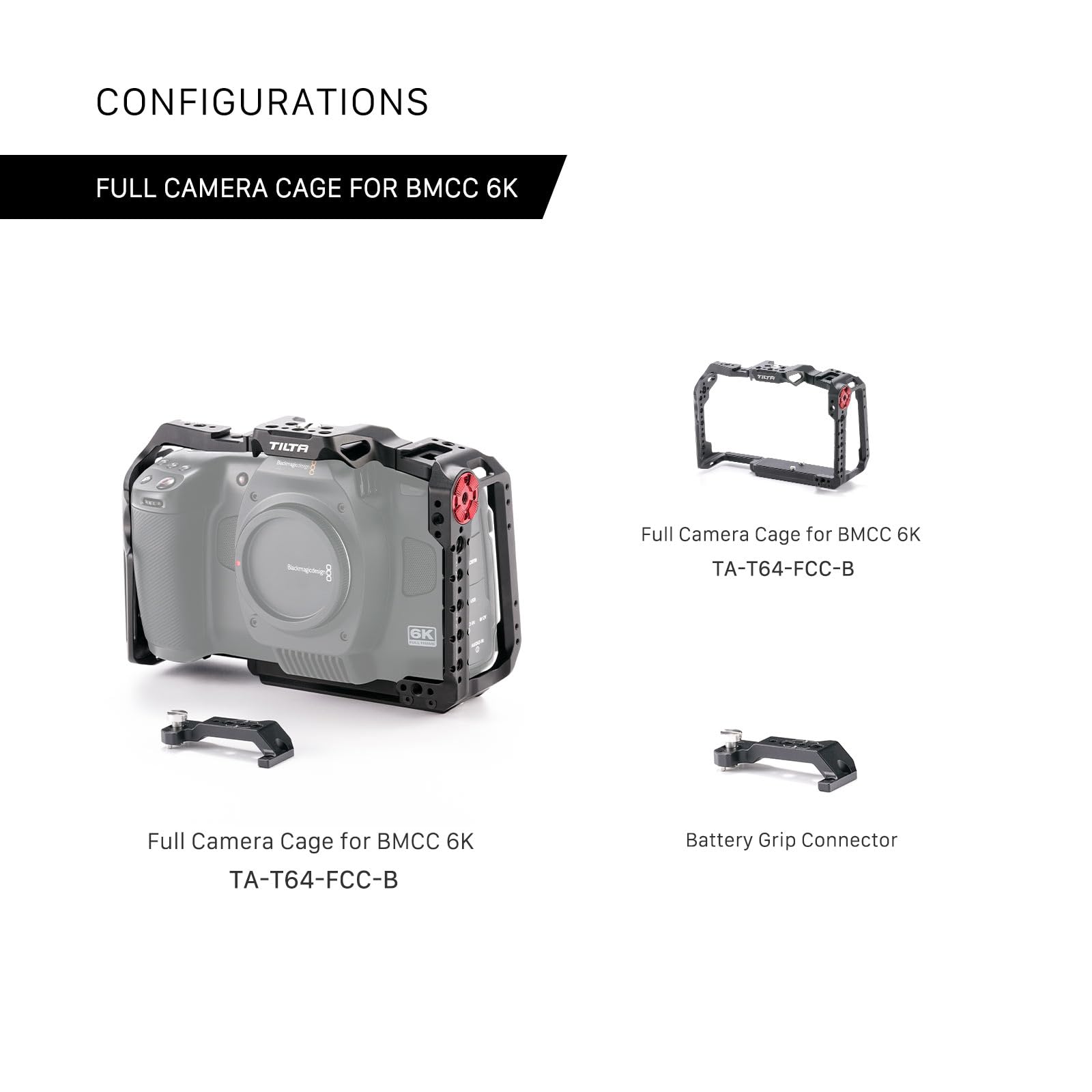 Jaula de cámara completa para BMCC 6K | Múltiples roscas de 1/4"-20 con puntos de localización | Receptores de zapata fría | Roseta Arri | Riel NATO | Protector | TA-T64-FCC-B (negro, jaula completa)