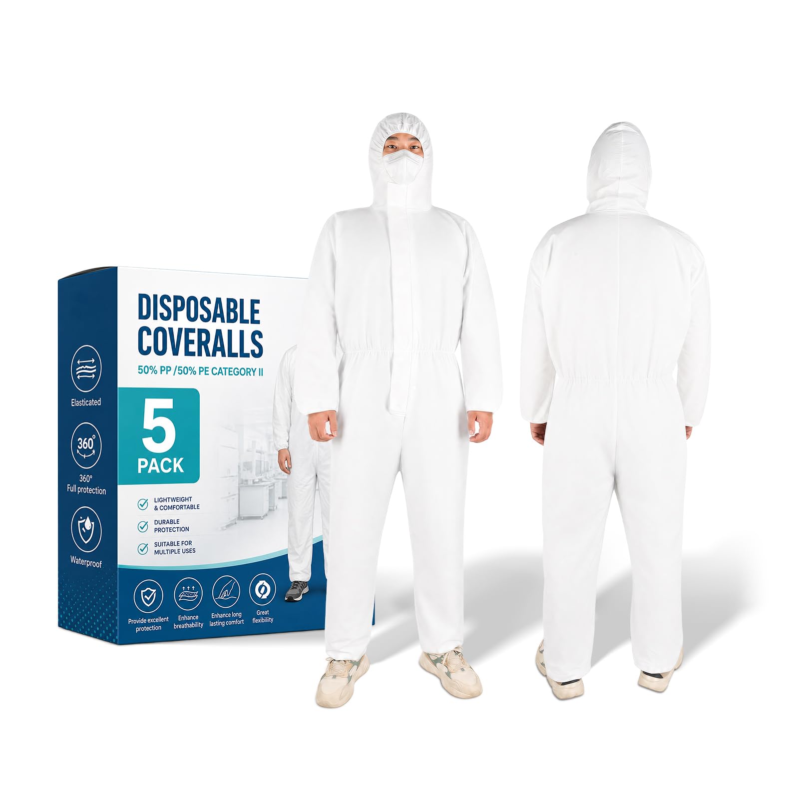 5 Pack Hazmat Paint Suits,Disposable Protective Coveralls for Men
