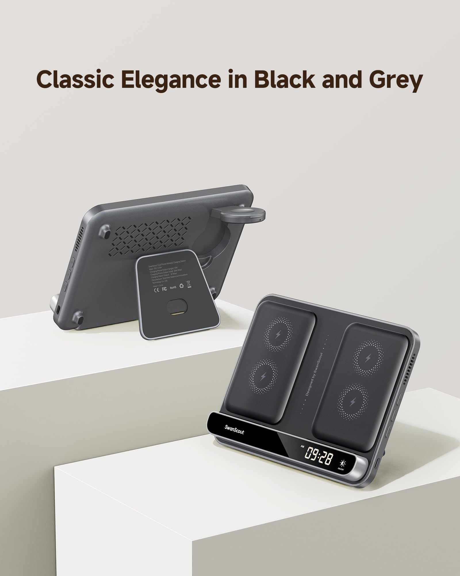 SwanScout Dual Ladestation für iPhone, Induktive Ladestation für 2 Handys | 30W Doppel Wireless Charger für iPhone 17/Air/16/15, für Apple Watch 11/10/Ultra 3/SE 3/AirPods, Ladegerät für 2 iPhone, 710A