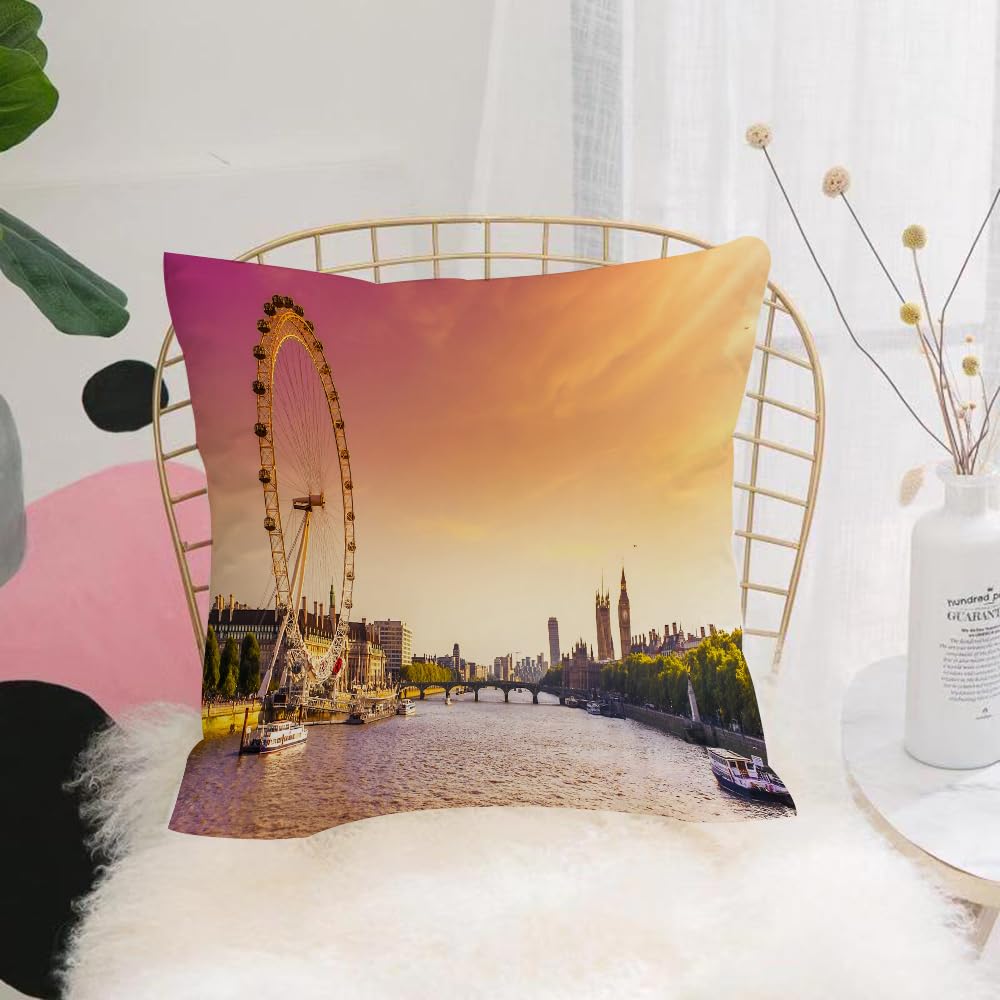 HYOSXW Cushion Cover,Throw Pillow Case Home Decorative for Living Room Bedroom Sofa Chair 16X16 Inch,London,Sunset View Bridge on Thames River Ferris Wheel London Eye Big Ben Westm,Pillowcase 40X40cm
