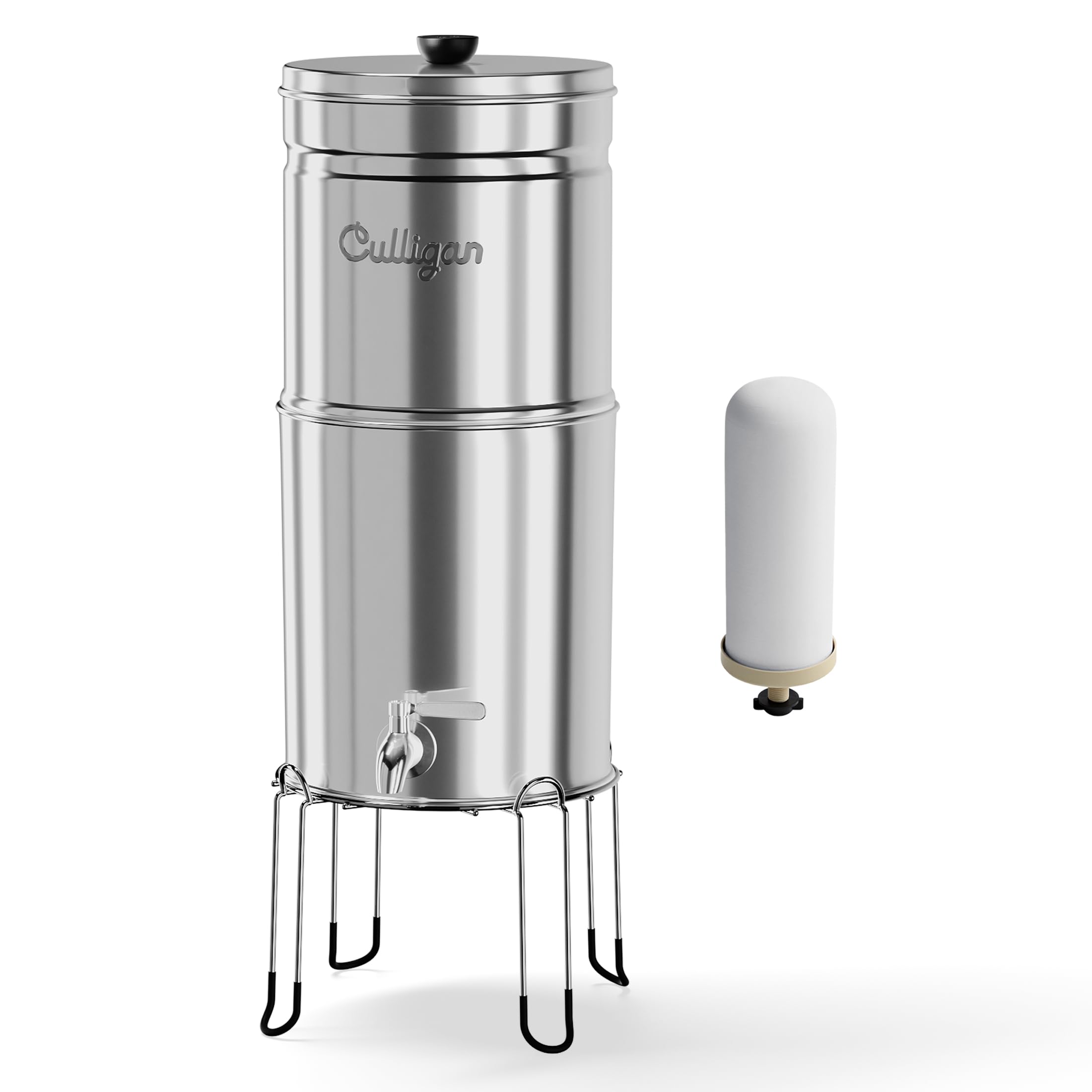 culligan maxclear 2.25 gallon gravity water filter system, polished stainless-steel countertop water filter nsf/ansi certified to reduce microplastics, lead & total pfas, with 1 ceramic filter