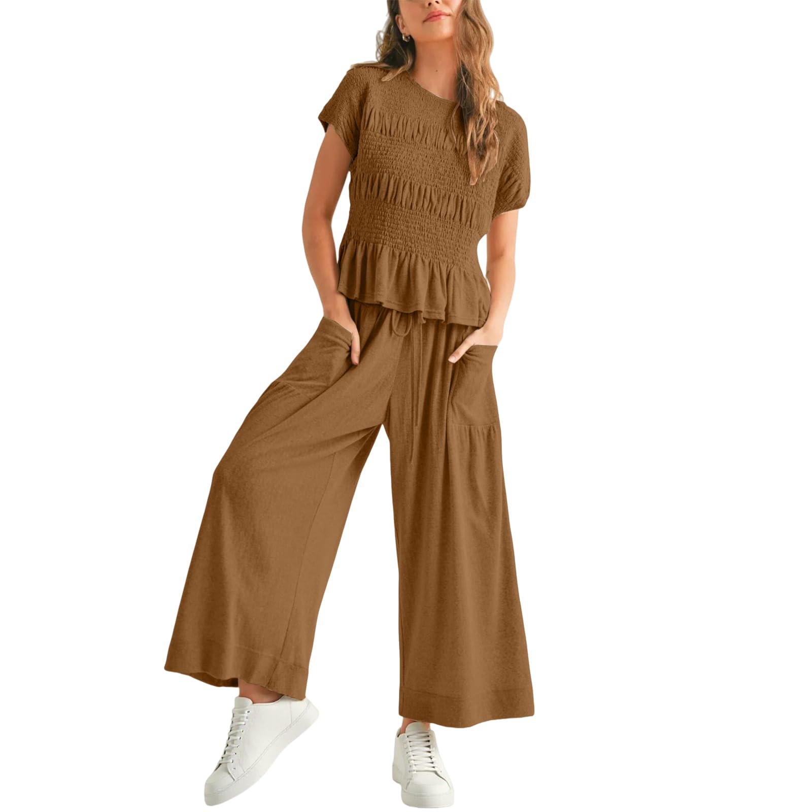 2 Piece Sets for Women Summer Smocked Ruffle Sets Short Sleeve Peplum Top Wide Leg Pants Cotton Lounge