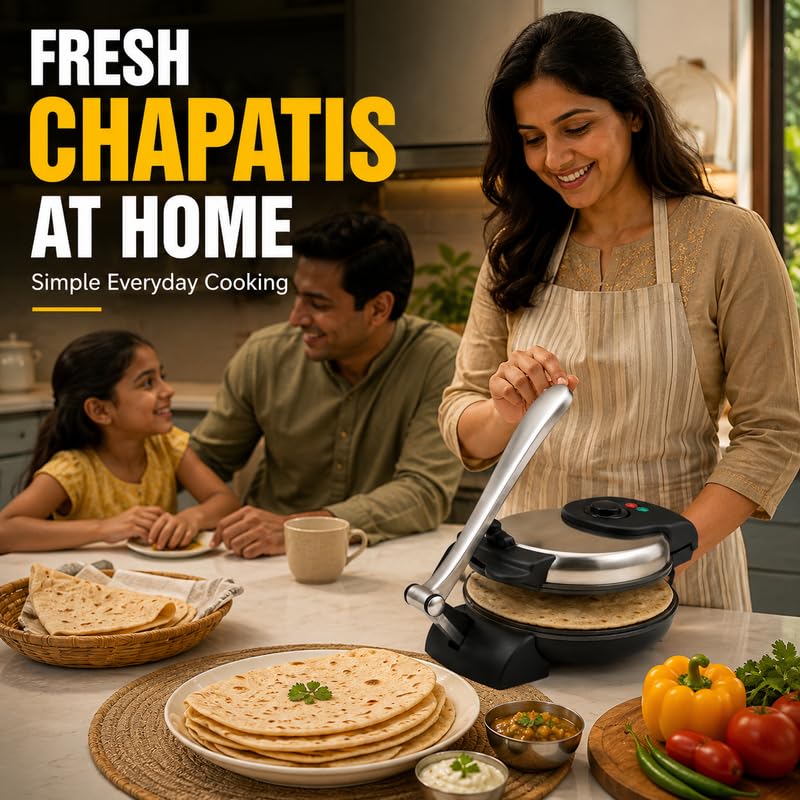 Image of Lambent 𝟏𝟓 𝐘𝐞𝐚𝐫 𝐋𝐨𝐧𝐠 𝐋𝐢𝐟𝐞 𝐖𝐚𝐫𝐫𝐚𝐧𝐭𝐲 Portable Electric Chapati Maker, Non Stick Roti Maker, Smart Dough Press with Indicator Light, Fast Cooking Appliance for Home