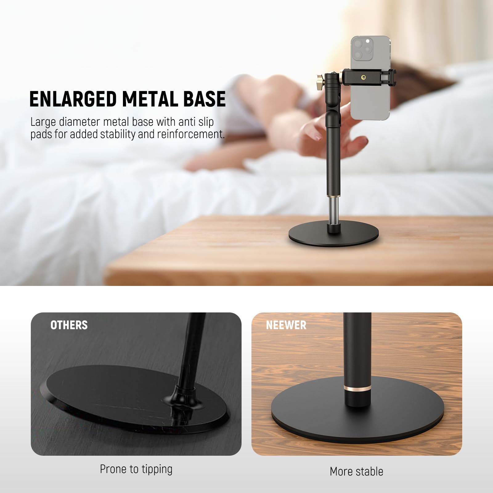 NEEWER Tisch Handyhalterung Klemme verstellbare Telefonhalterung für den Bürotisch kompatibel mit iPhone Samsung für Video und Filmaufnahmen 360°Kugelkopf klappbarer Arm beschwerter Metallsockel,MT010