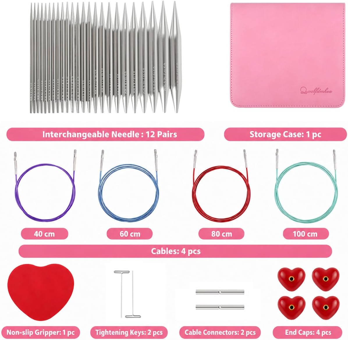 Interchangeable Circular Knitting Needles Set,12 Pairs US 4–17 (3.5–12mm), 4.53-Inch Aluminum Tips with 4 Cables, End Caps, Connectors, Tightening Keys and Storage Case