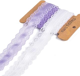 Purple White Lace Trim Eyelet Ruffle Border Ribbon Vintage Flower Pleated Fabric Polyester Wavy Edging Scalloped Trimming for Sewing Making Gift Wrapping Diy Wedding Christmas Decor Supplies