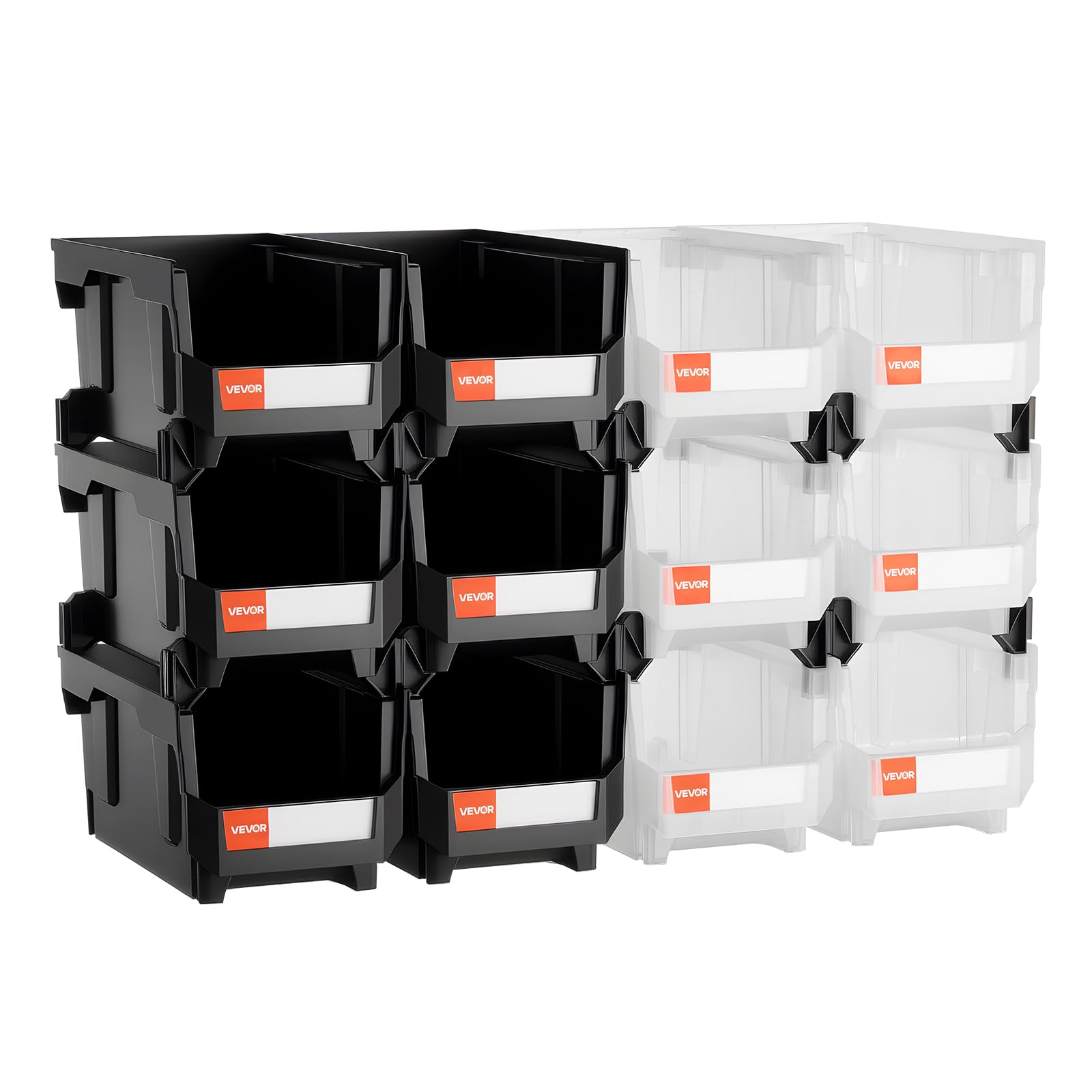 VEVOR Bac à Bec Empilable Lot de 12 Bacs de Rangement en Plastique, 37,7 x 21,5 x 18 cm, Boites de Rangement pour Atelier, Garage, Fournitures de Bureau et Autres Accessoires, Noir et Transparent