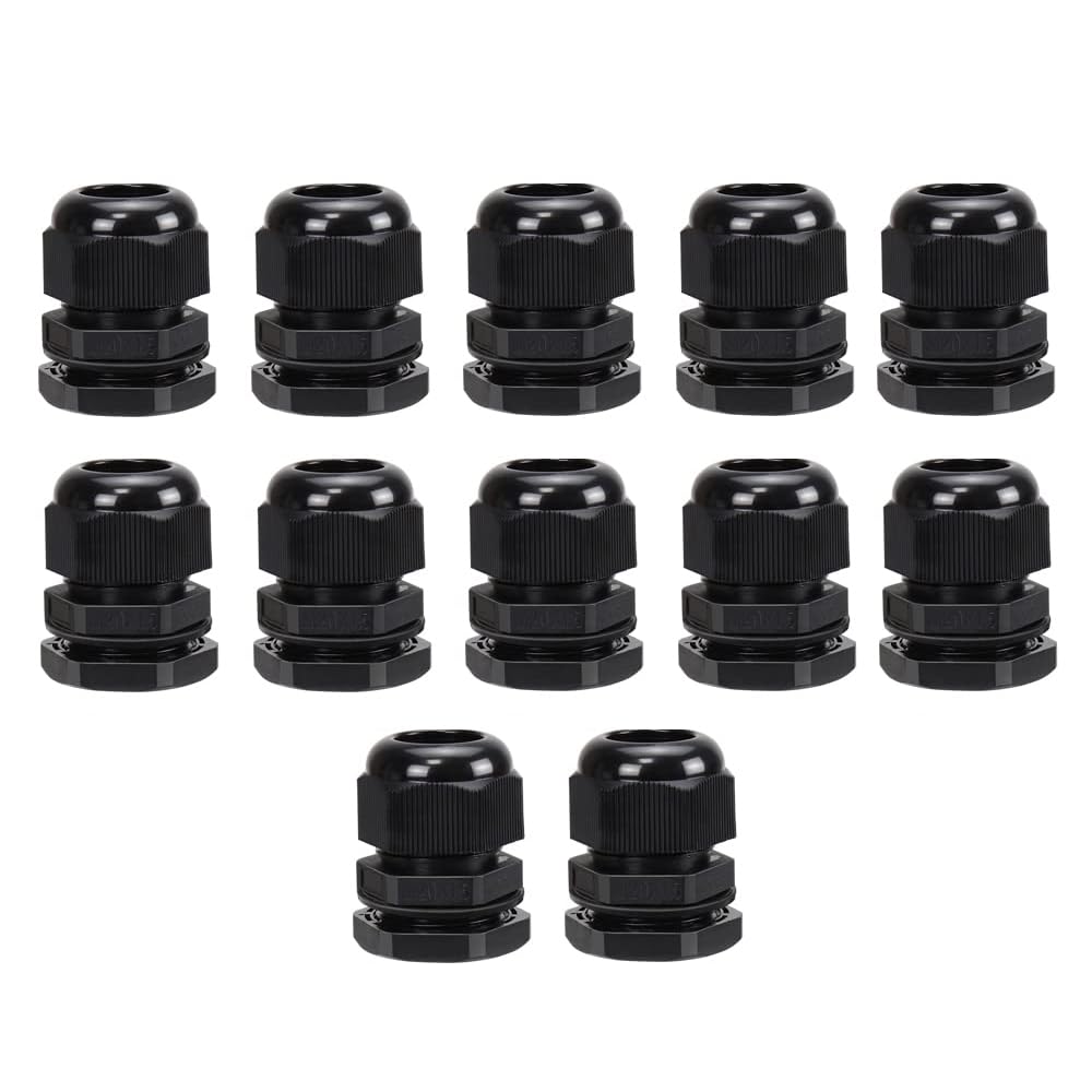 Pack of 12 Black 20mm Nylon Cable Glands, Suitable for 6-12mm, M20 Thread IP68 Gland Connectors - AVARTEK (Black)