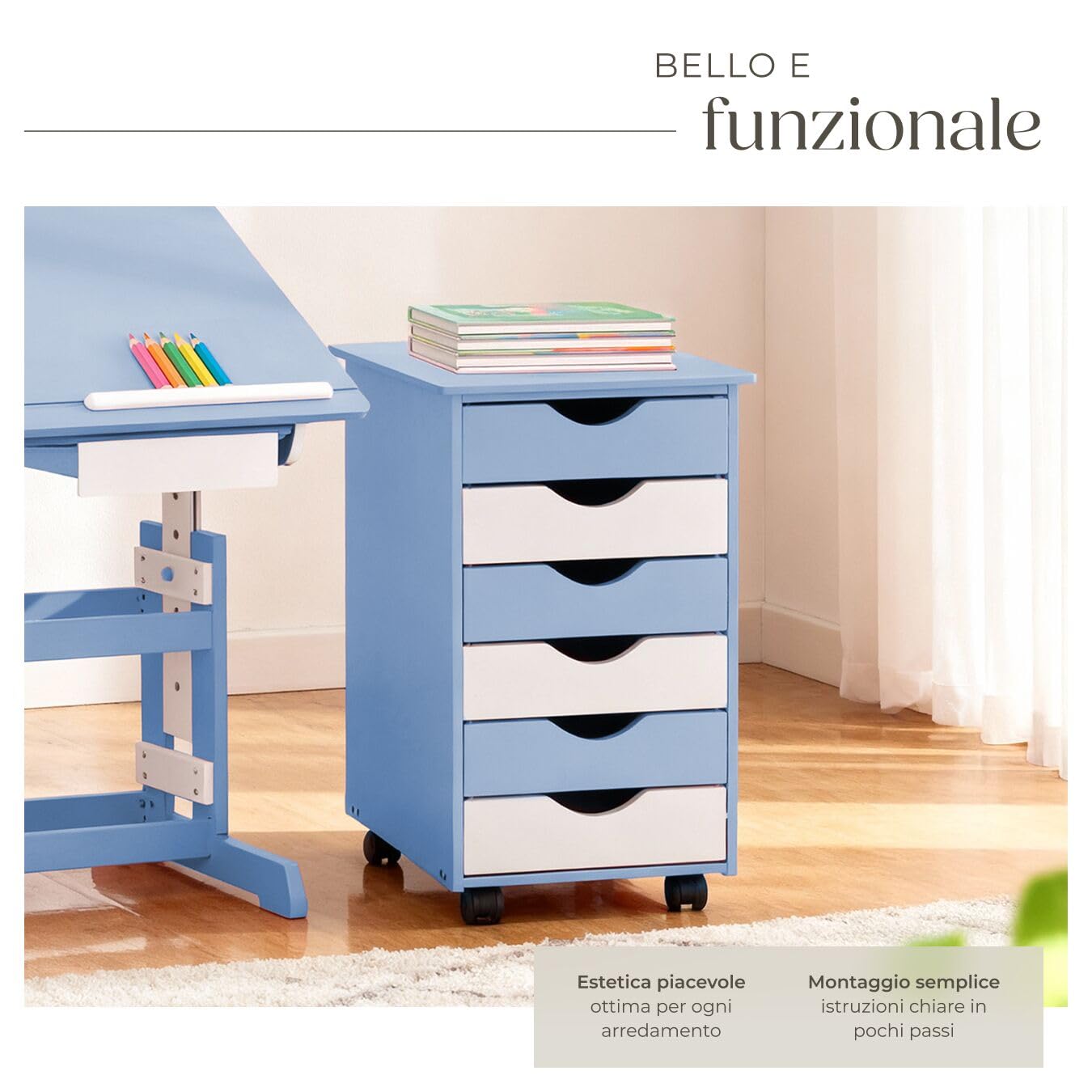 tectake® Cassettiera Ufficio con Ruote 65x36x40cm, Cassettiera Scrivania, Mobiletto salvaspazio 6 Cassetti, Organizer cancelleria, Cassetti Scrivania, Mobiletto con Ruote per Ufficio, Studio - Blu