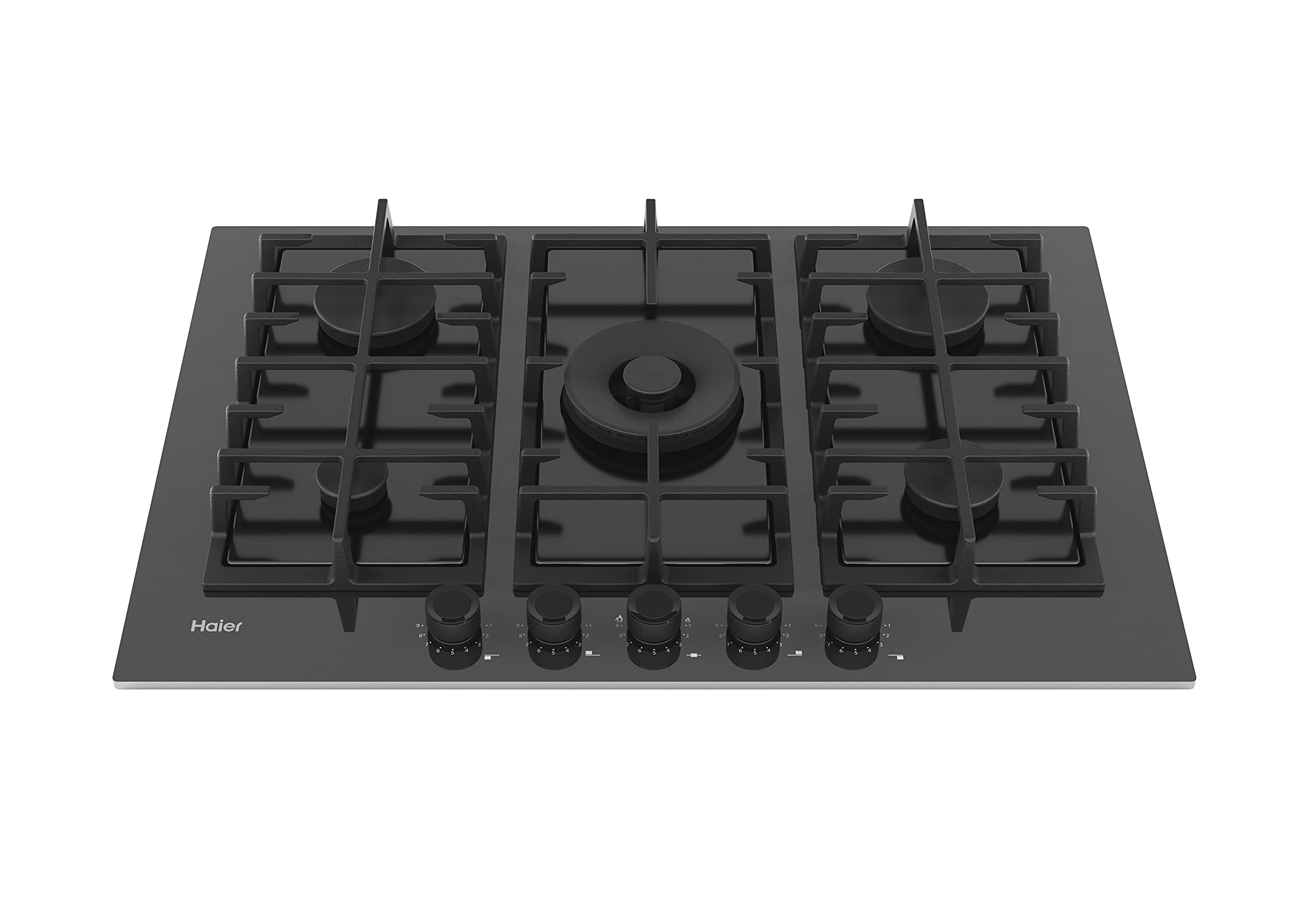 Haier Series 2 HAVG75S2B- Placa de Gas, 5 Fuegos, Ancho 75cm, Potencia total 12,9kW, Mandos centrales, 9 niveles de potencia, Rejillas de hierro fundido, Preci Flame, Cristal Negro