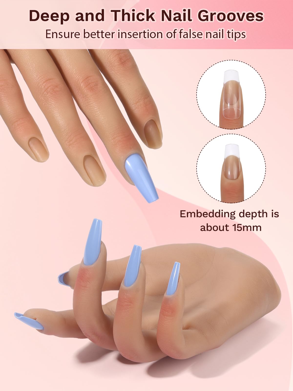 Silicona Mano para Practicar Uñas: Flexible Mano de Práctica con 240 Piezas 3XL de Uñas para Practicar Uñas para Principiantes Salón Casa - Natural