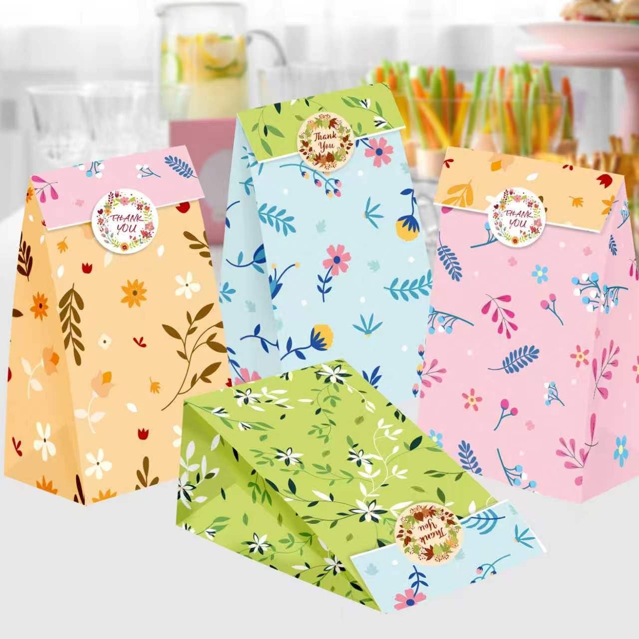 12PCS Assorted Color Paper Gift Bags, Wildfloral Goodie Bags with Stickers, for Birthday Wedding Party Decorations Birthday Party Favor Bags