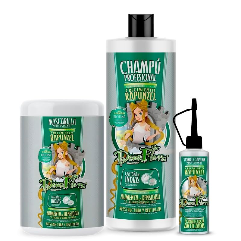 Dona Flora Rapunzel Pack 3 | Champú Profesional Crecimiento 1000ml + Mascarilla Profesional 1000ml + Tónico Capilar 70ml | Anticaída y Reparador | Con Biotina, Castaño de Indias y Multivitaminas