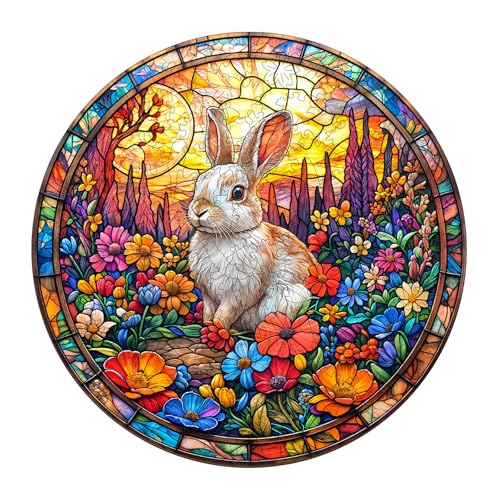 Rompecabezas de madera para adultos, Conejo en campo de flores, puzzle de madera con forma de animal único, 300 piezas, 13.4 x 13.4 pulgadas miniatura 1