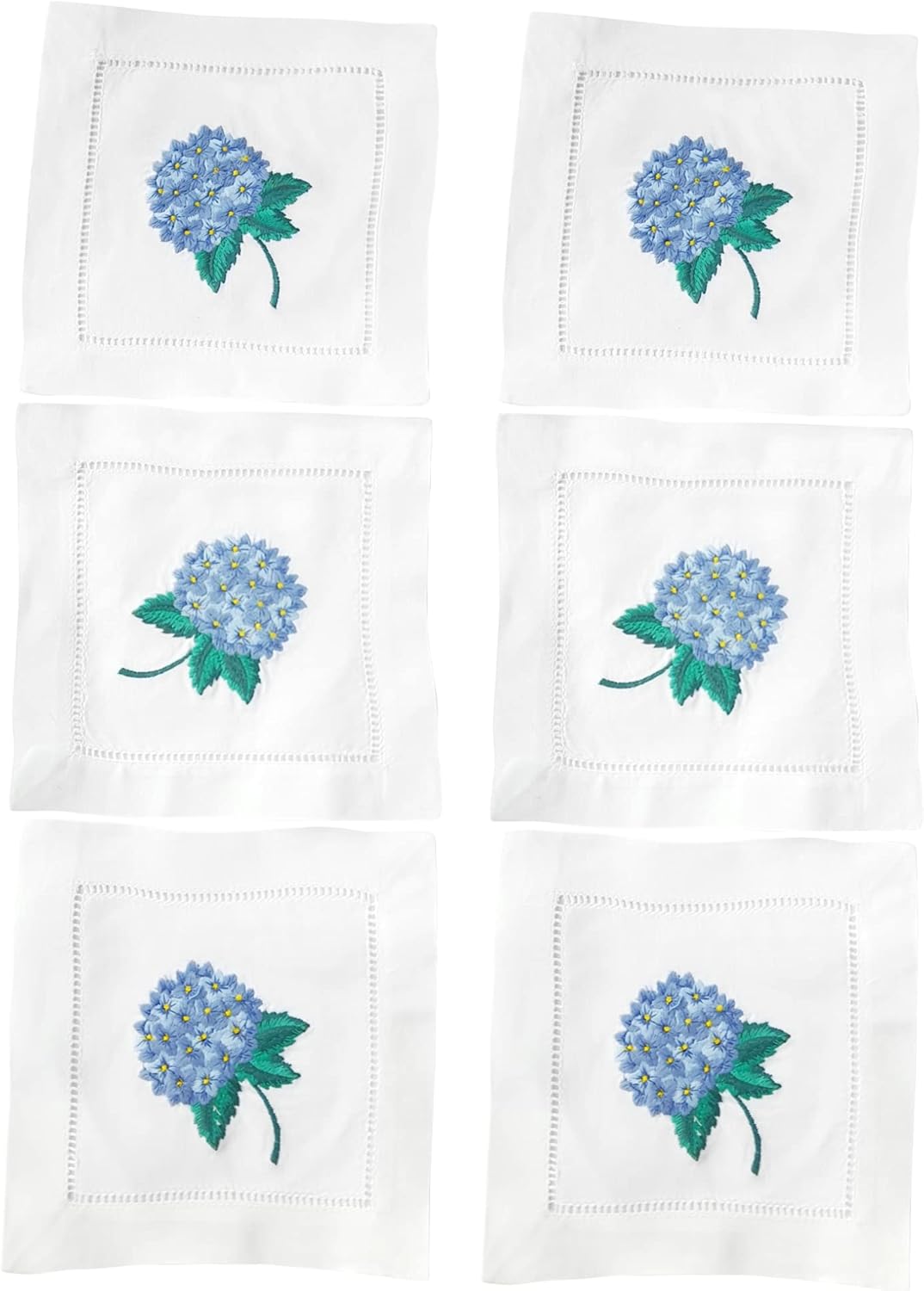 HCRAFT Hydrangea Embroidered White Cocktail Napkins Set of 6 - 6x6" 100% Cotton Cloth Napkins, Ladder Hemstitch for Parties & Gifts