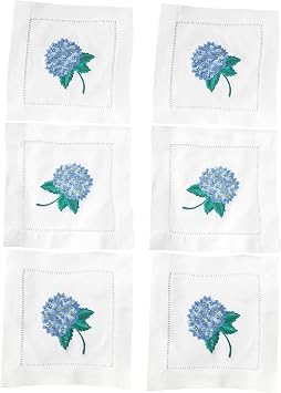 HCRAFT Embroidered White Cocktail Napkins 6"x6" Set of 6 Cloth Napkin Coasters, Hydrangea Embroidered Cocktail Napkins for Christmas Cocktail Napkin Parties, Ladder Hemstitch, Great Present Ideas