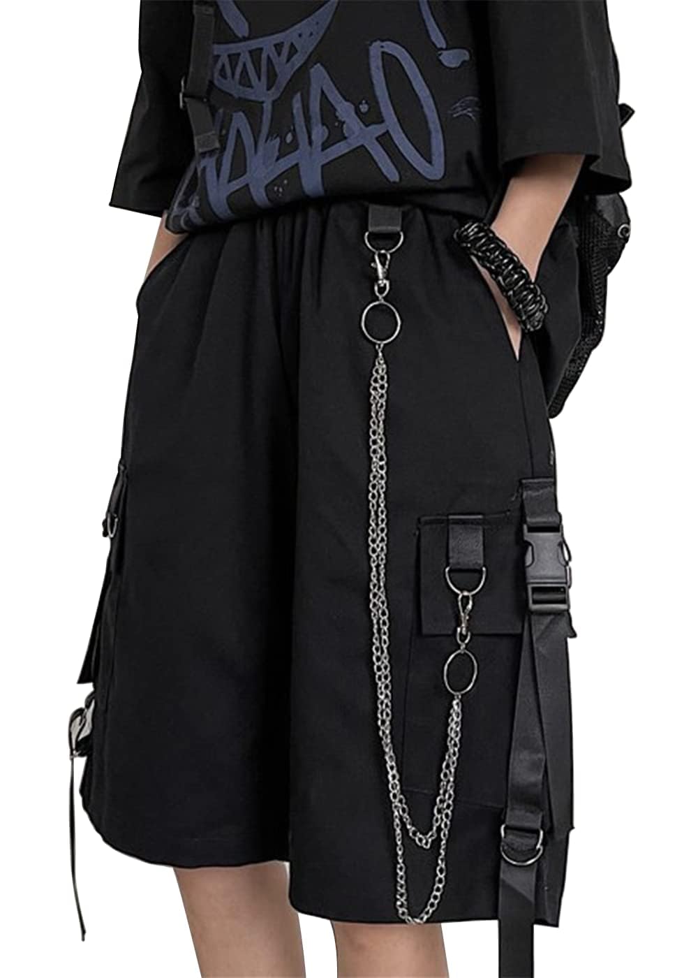 DINGJIUYAN Loose Cargo Shorts with Chain Women Large Pocket Harajuku Short Pants Couple Trendy Summer Hip Hop Goth Shorts