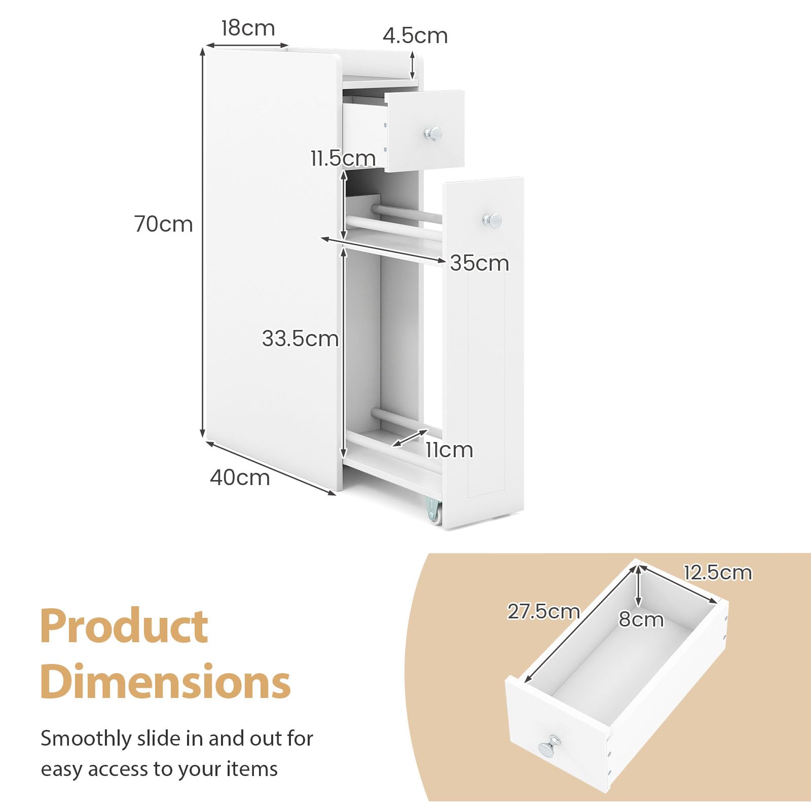 LIFEZEAL Armario de Baño Pequeño con Cajón, Estantería Estrecha con Ruedas, Carrito Nicho para Lavandería, Salón y Baño, 40 x 18 x 70 cm (Blanco)