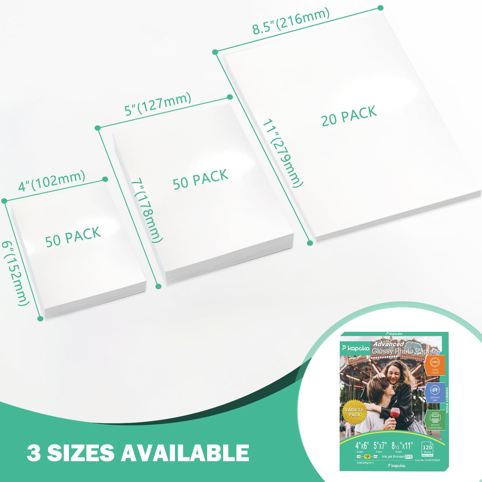 P4585YE200GP, glänzendes Fotopapier, 120 Stück, verschiedene Größen, Tintenstrahldrucker, 23,6 kg, Pikapoka