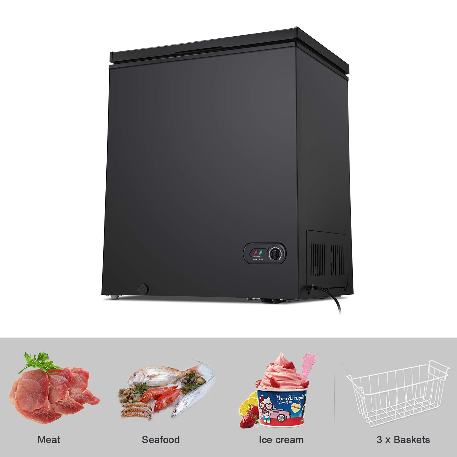 R.W.FLAME Chest Freezer, Deep Freezer 5.0 Cu.ft. w/Removable Basket, Adjustable Temperature, Energy Saving, Top Open Door Compact Freezer, Black on Fridge.com