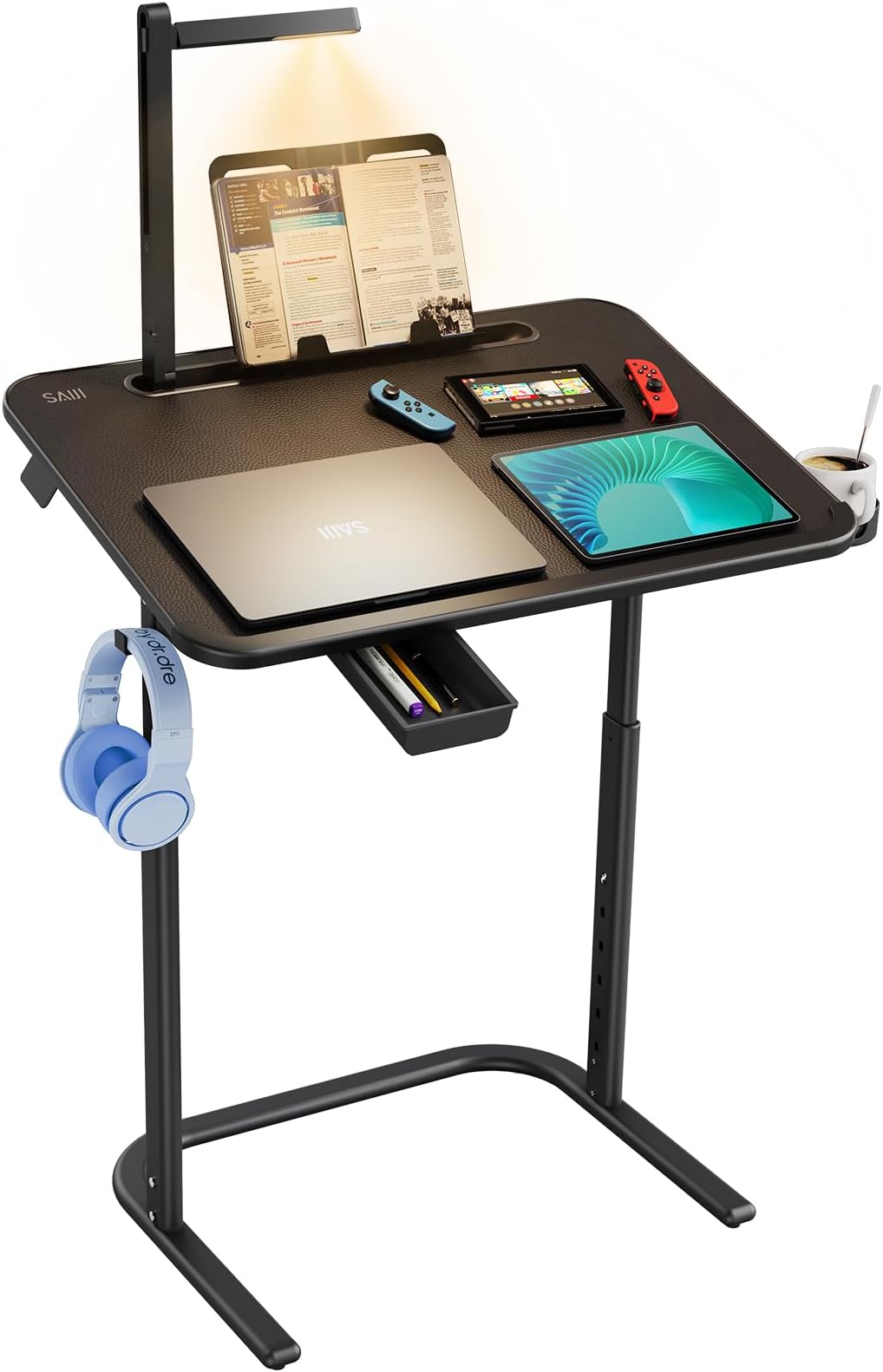SAIJI Diamond Art Table, Laptop Desk for Couch, Height and Tilt Adjustable Sofa Tray Tables for Working, Eating, Working, Writing,Drawing with LED Light, Book Stand, Drawer, Hook, 65 * 45cm