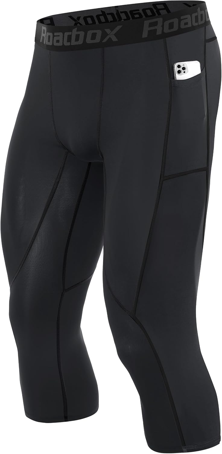Roadbox Mens 3/4 Compression Pants with Pockets, 1/2 Pack Athletic Running Legging Tights, Workout Basketball Gym Base Layer