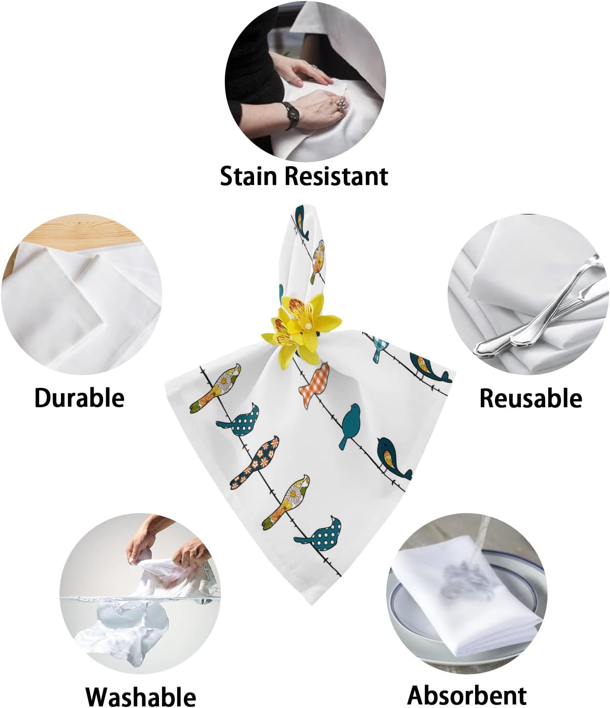 Cloth Napkins Bird Plaid Flower Teal Dinner Table Napkins,Reusable Washable Wrinkle Free Comfortable Polyester Napkins for Home Holiday Party Wedding Decoration Grey Orange Yellow 8pcs