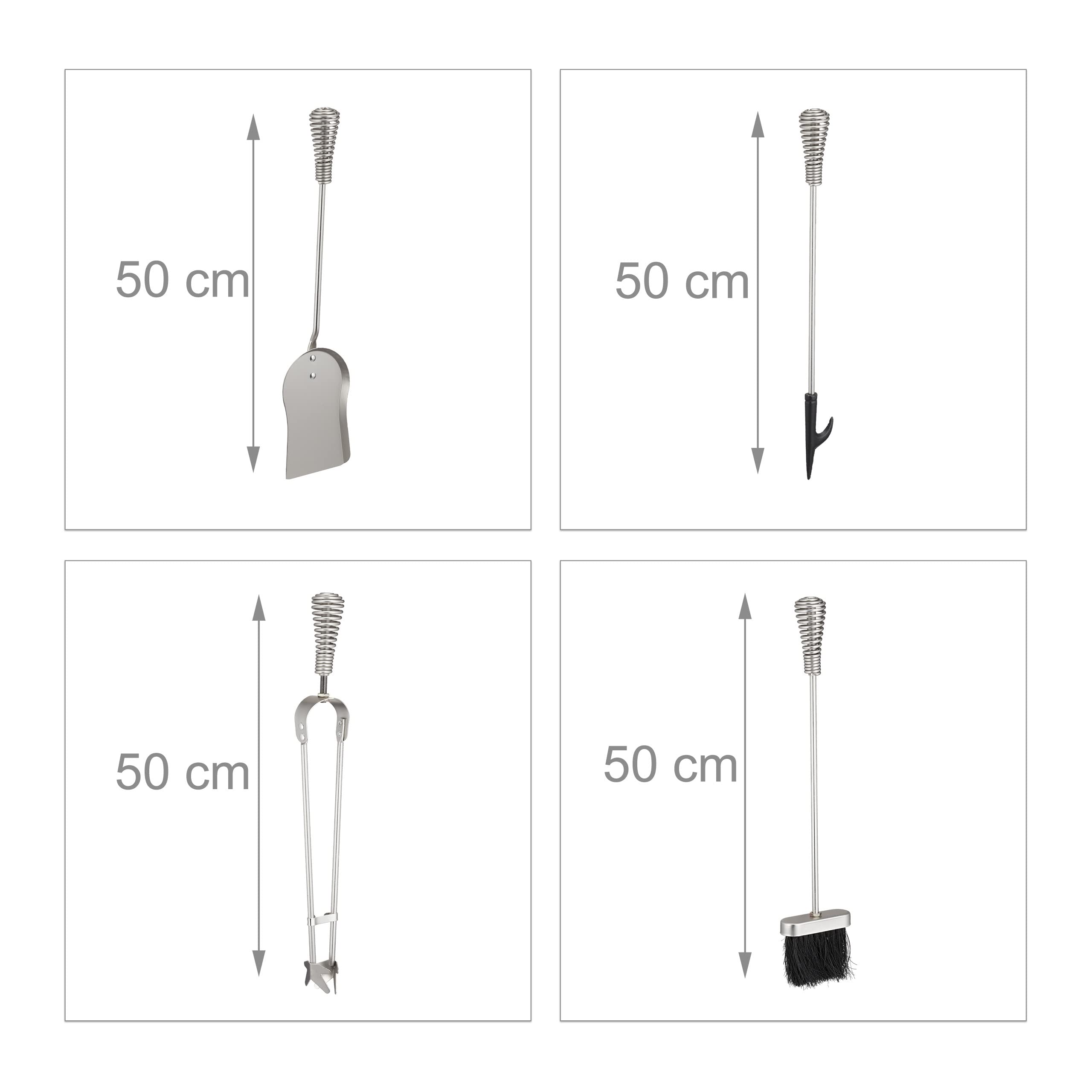 Relaxdays Set Attrezzi da Camino, 5 Accessori, Attizzatoio, Paletta, Scopino, Pinza e Supporto Porta Utensili, Argentato