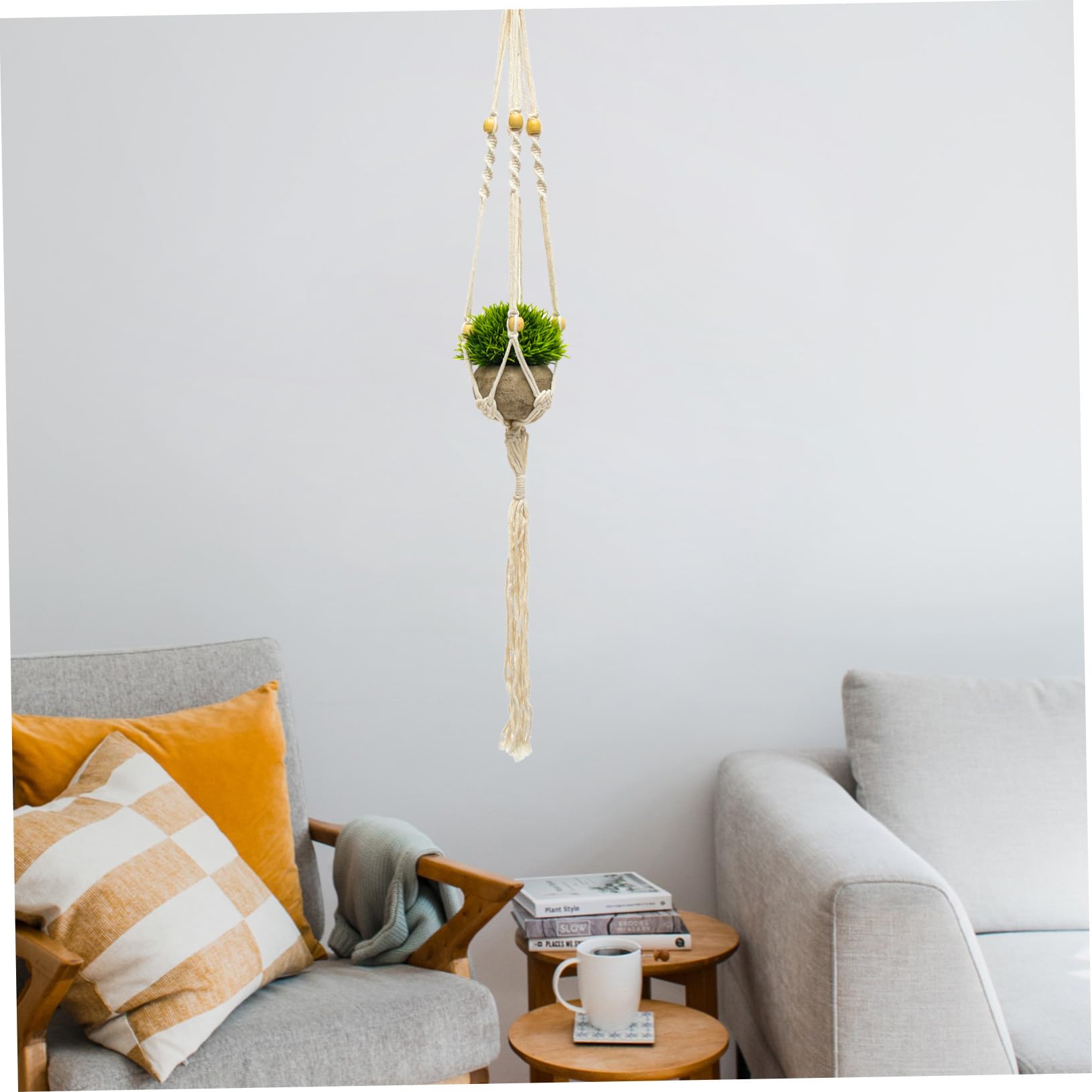 Blumentopf Netzbeutel 4 Stück aus Baumwollseil mit Aufhängering | Makramee Textur, Beige Farbe, für Blumentöpfe und Pflanzen, Dekorativ für Wand und Zuhause