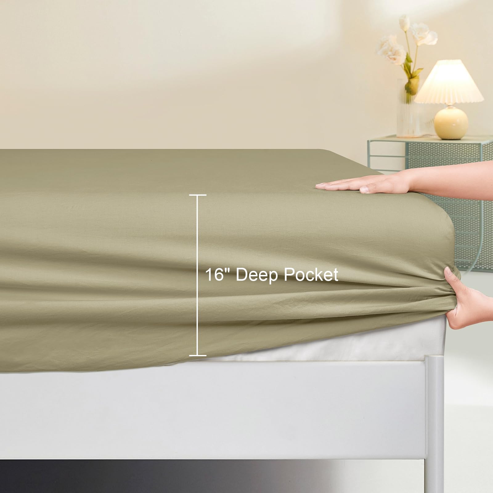 PHF 100% Washed Cotton Fitted Sheet Queen Size - Linen Like Cozy Soft Bottom Sheet Only with Elastic 16" Deep Pockets, Easy Fit Breathable Warm not Shrink,60"x 80",Tea,No Pillowcase