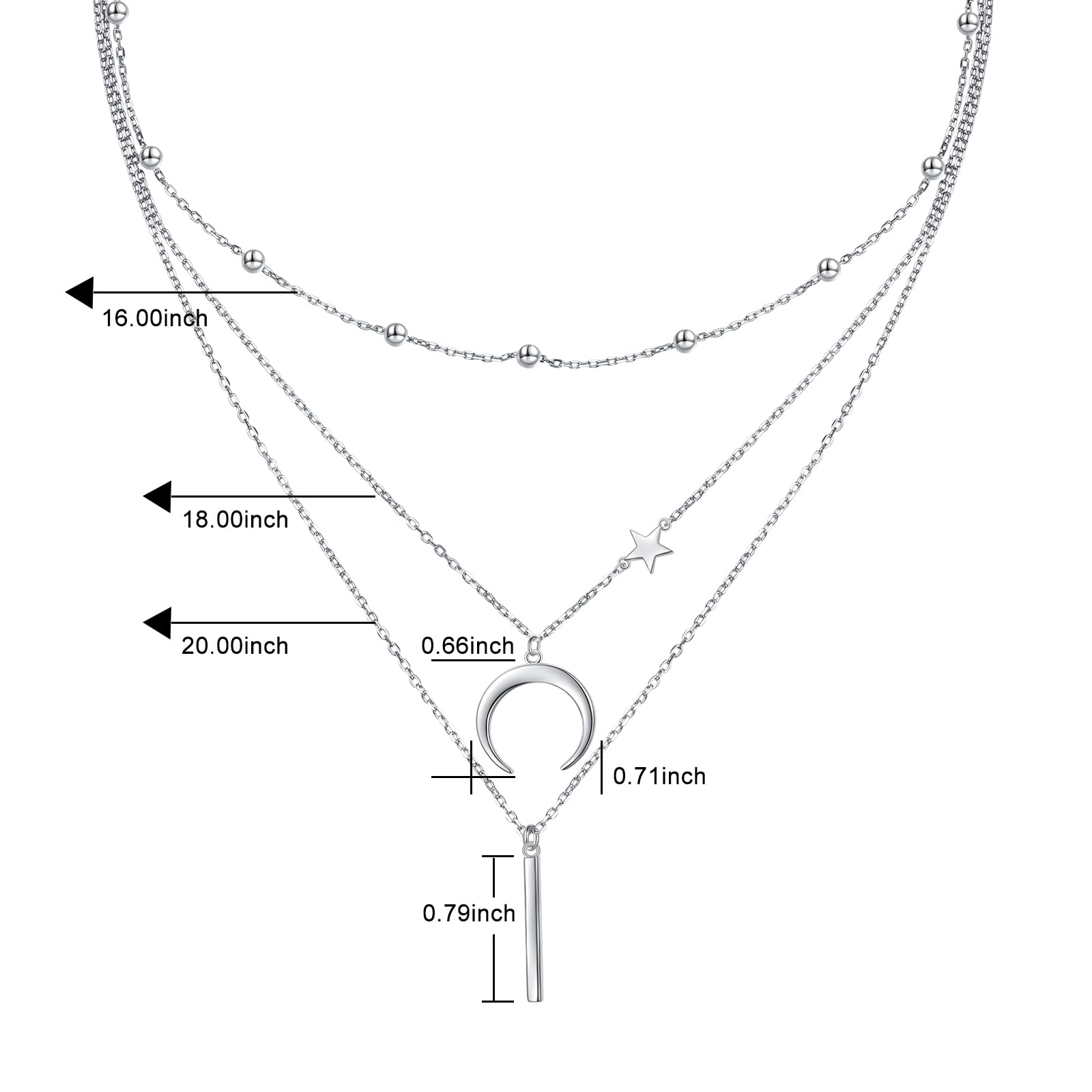 Collane a strati da donna in argento Sterling 925 multistrato collana con ciondolo a forma di stella a mezzaluna bar per donne collana lunga gioielli da donna, Argento sterling