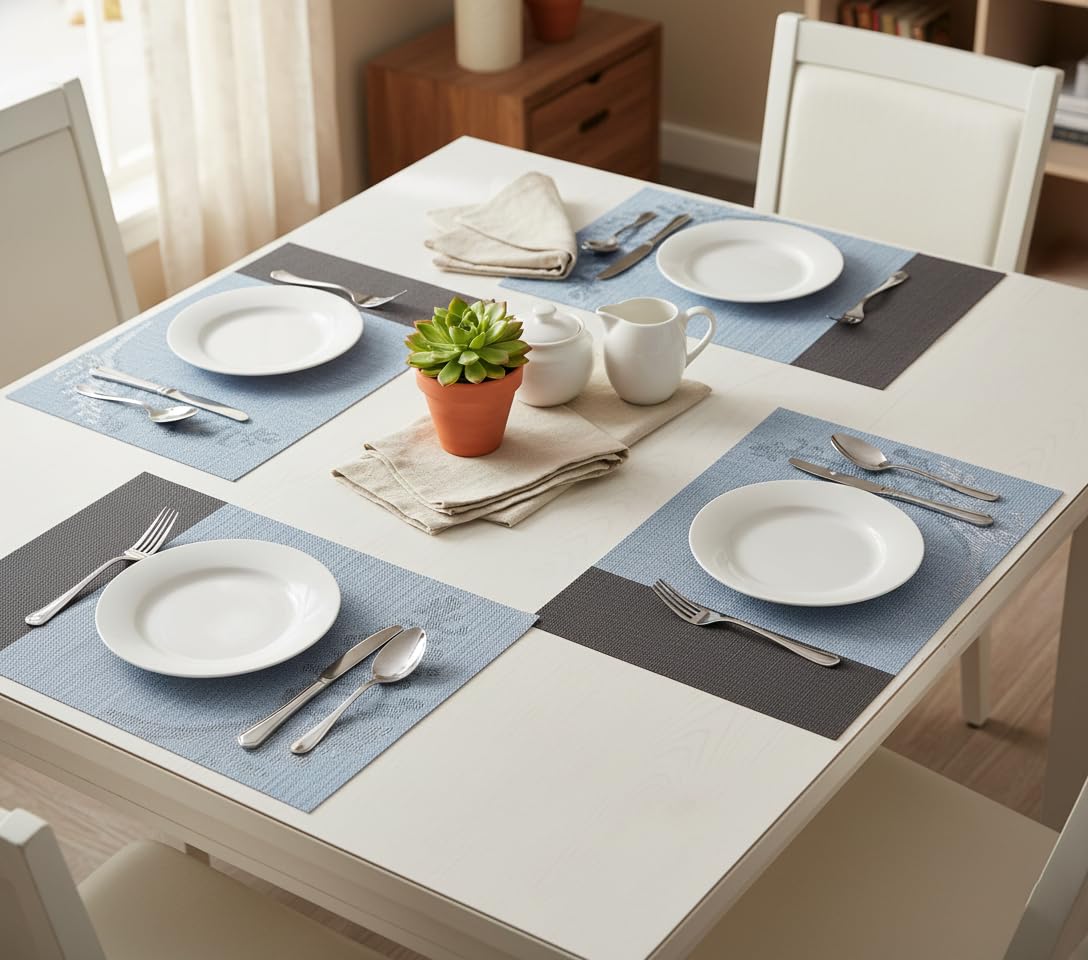 YELONA Placemats Set of 4, Heat-Resistant Woven Vinyl Table Mats, Non-Slip & Washable Dining Tablemats for Kitchen & Dinner Decor, Baby Blue (45cm x 30cm)