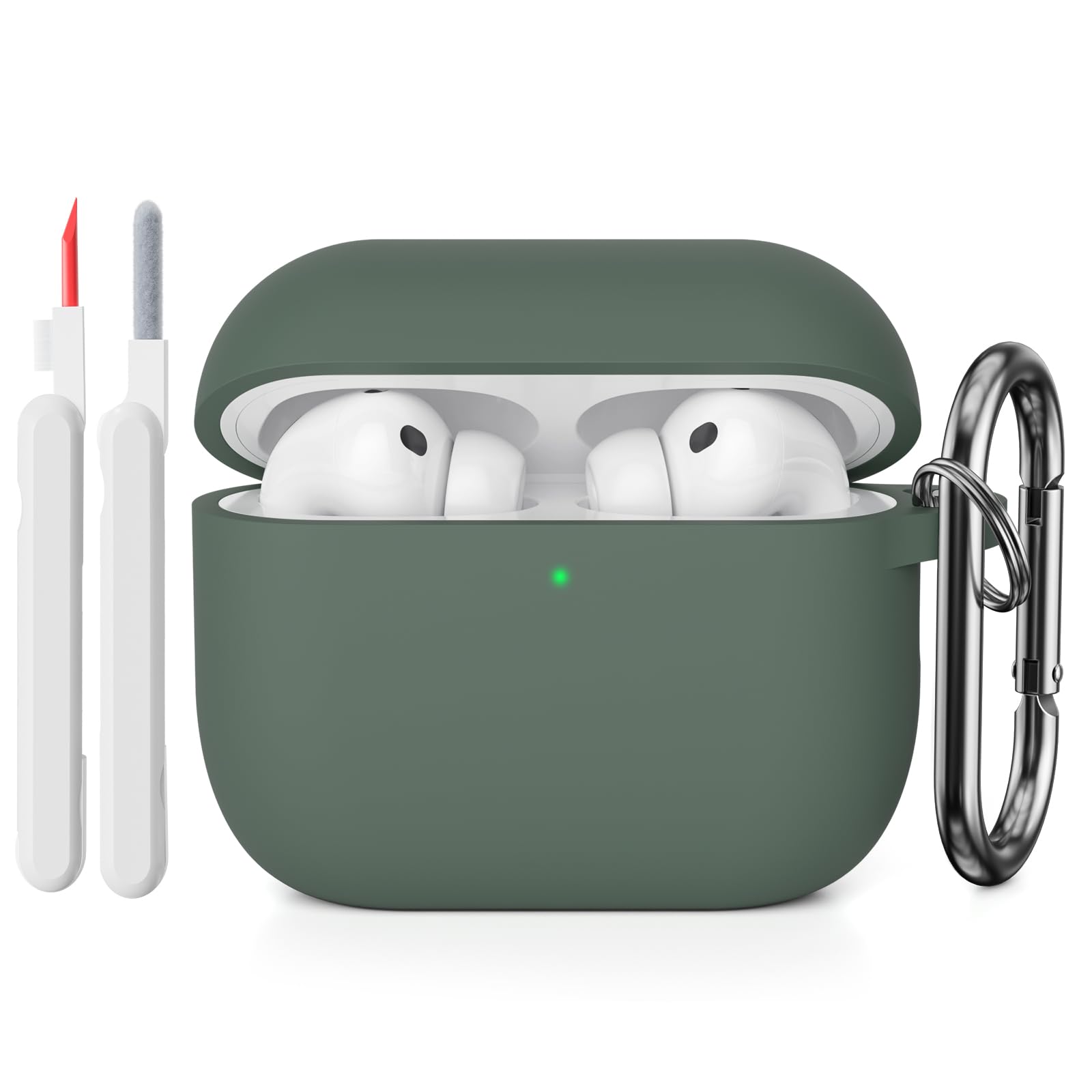 Custodia Case Compatibile con AirPods Pro 3 2025 con Kit di Pulizia, Case Cover Protettiva in Morbido Silicone per AirPods Pro 3ª Generazione con Moschettone, LED Anteriore Visibile, Deep Green
