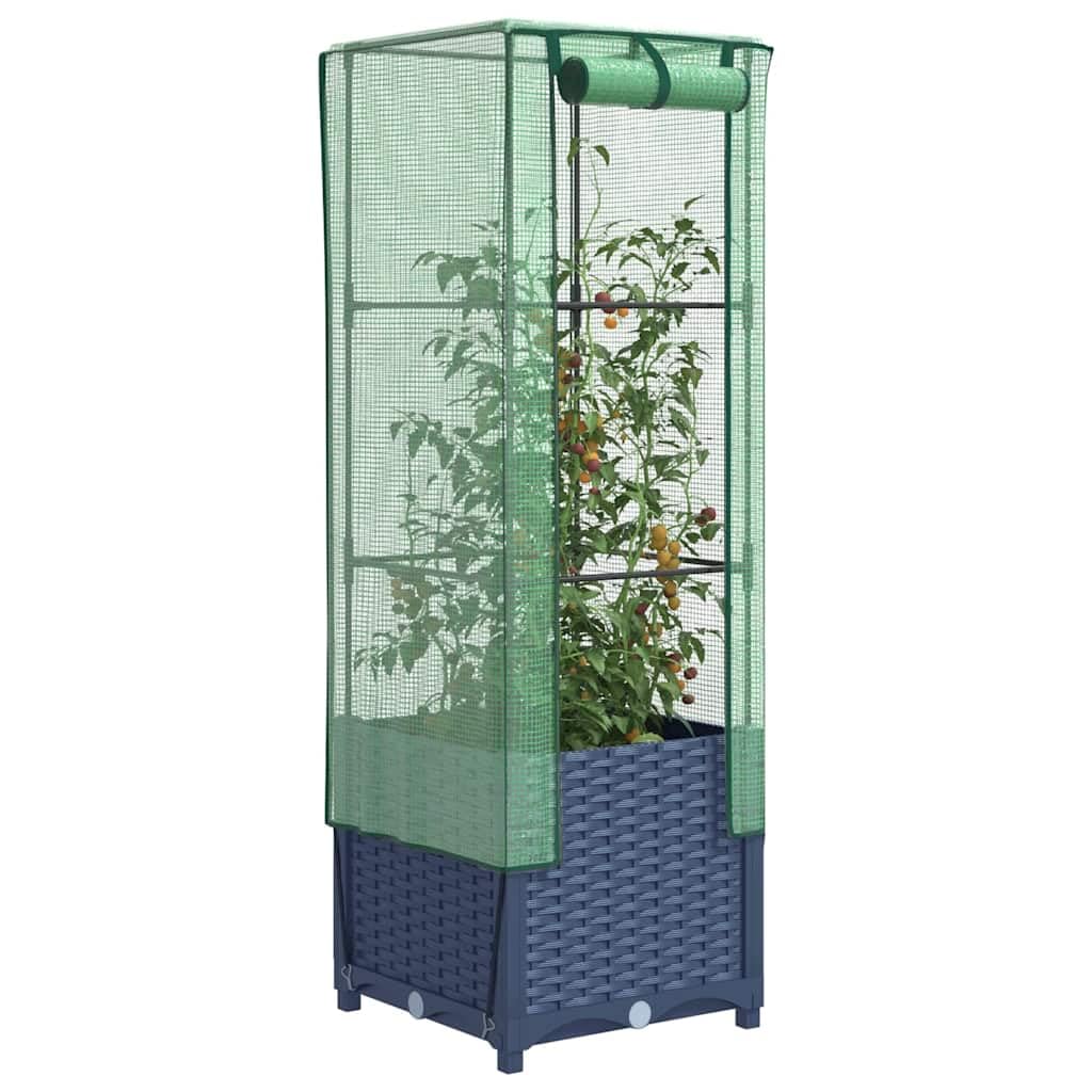 JHQHSM Raised Bed with Greenhouse Cover Rattan Look 40x40x139 cm, Polypropylene Planter with Sturdy Iron Frame and Water-Resistant Polyethylene Cover for Plants Vegetables Herbs