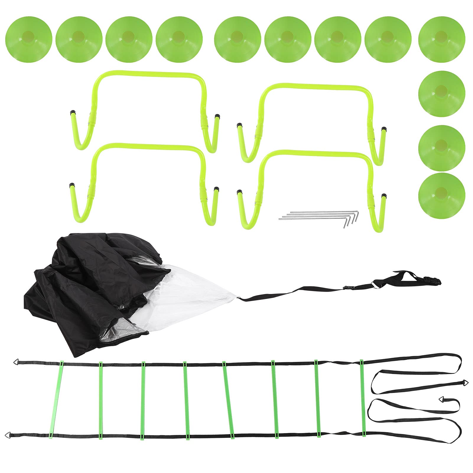 JTLB PP Speed Agility - Escalera de agilidad, 12 conos, 4 obstáculos ajustables, juego de paracaídas