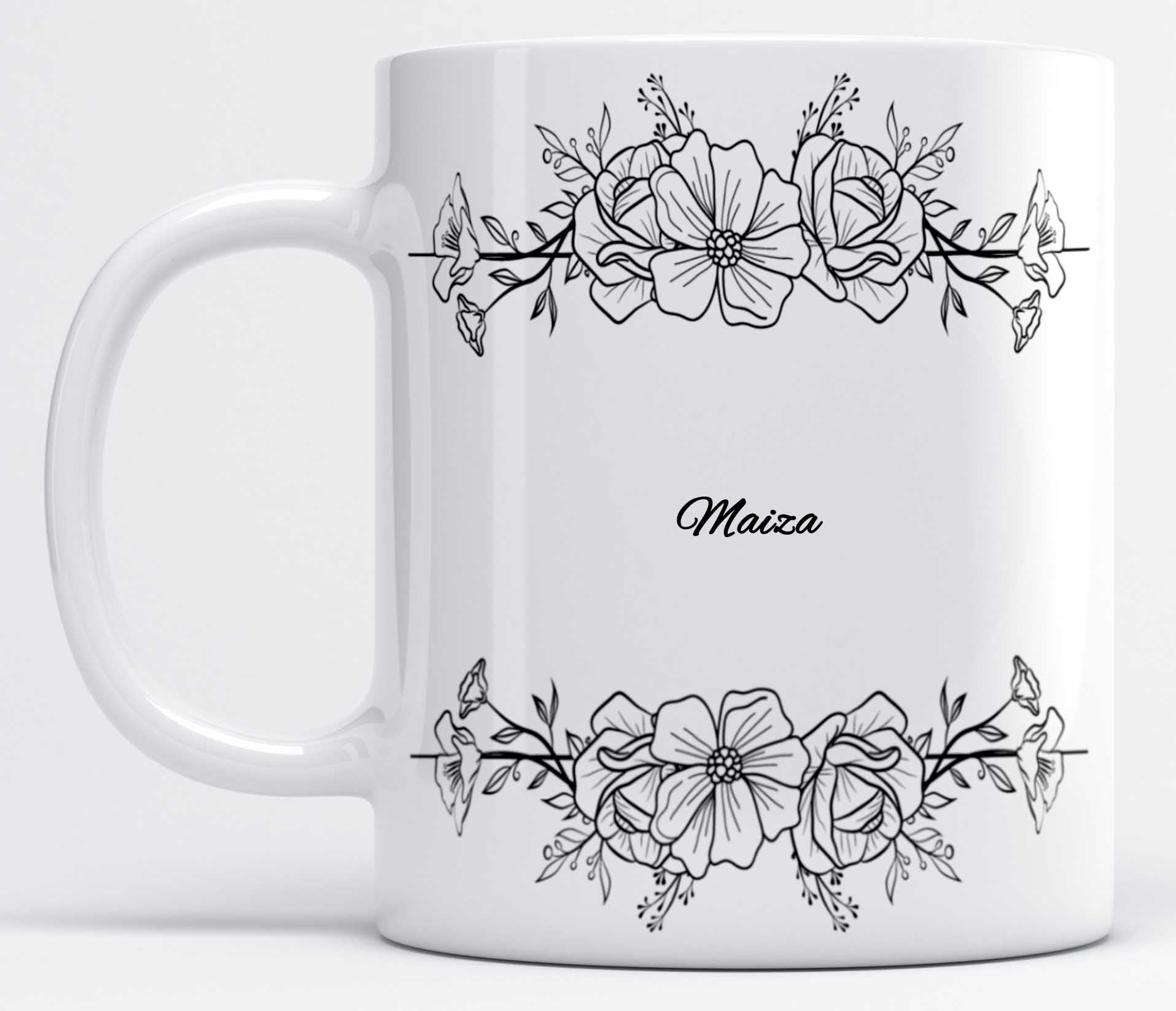 LOROFY Name Maiza Printed Beautiful Black Floral Design White Ceramic Coffee Mug (350ML)
