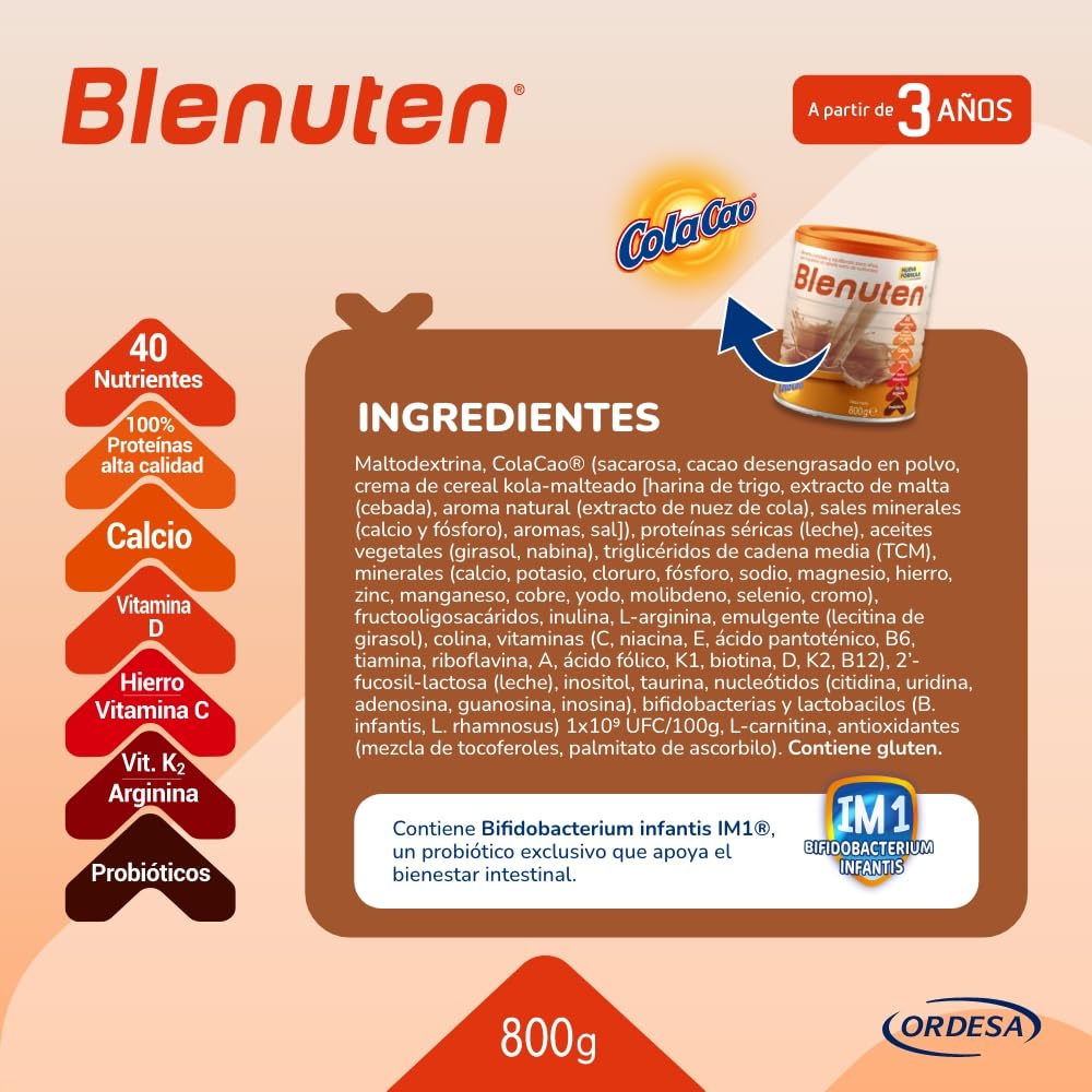 Blenuten Cola Cao | 800g | Suplemento Alimenticio Para Niños Mayores de 3 Años, con Vitaminas y Minerales