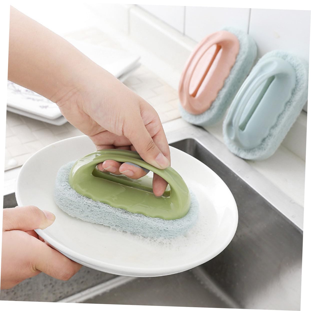 PACKOVE Household Handle Cleaning Brush with Sponge Eraser Kitchen for Bathtub Pool and Dishwashing Pink Non Scratch Design for