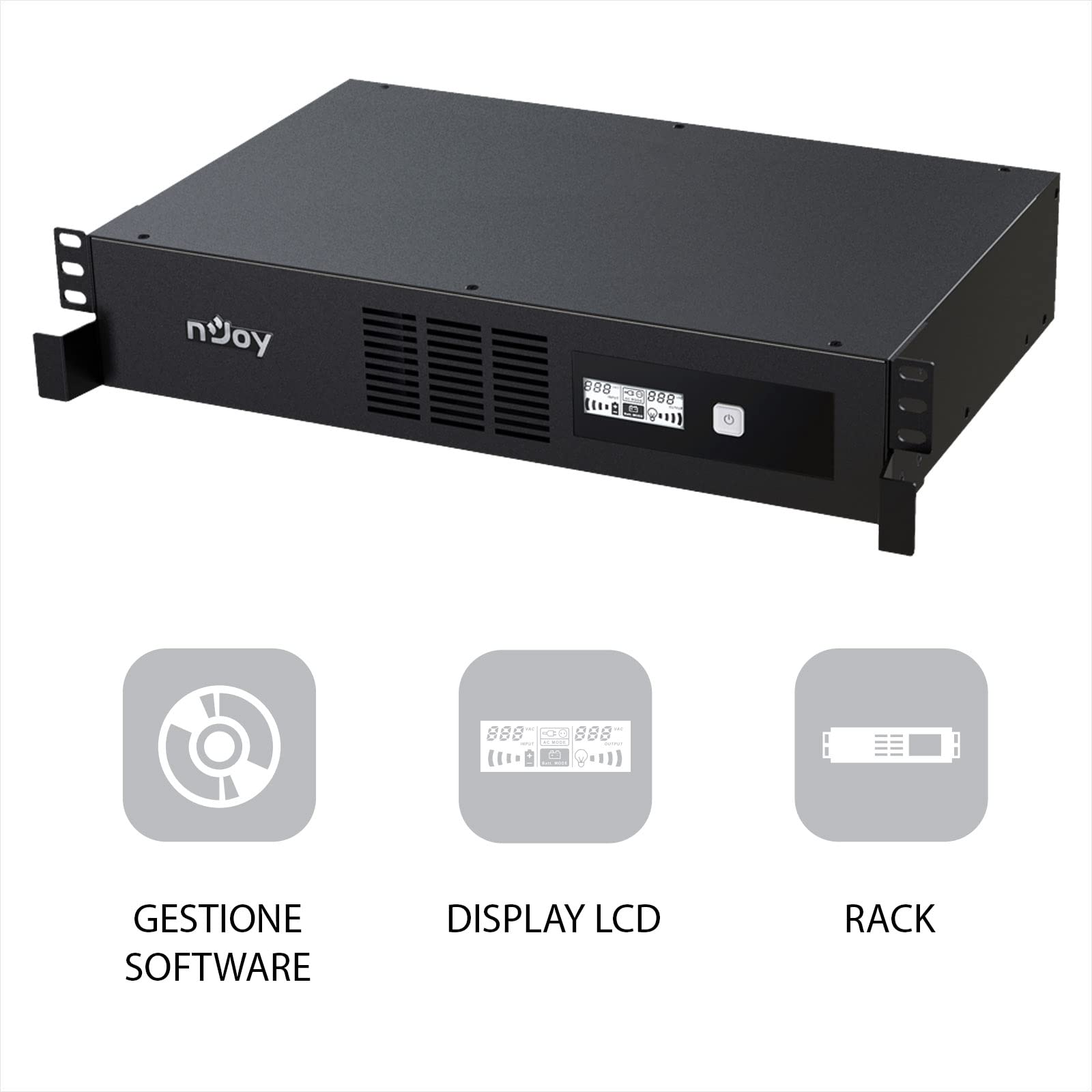 nJoy Code 1000VA Continuity Line Interactive UPS 600 W montaż rack 2U, interactive, AVR, wyświetlacz LCD, 8 wyjść IEC-C13, 2 baterie (wys. x szer. x gł.) 86 x 438 x 300 mm)
