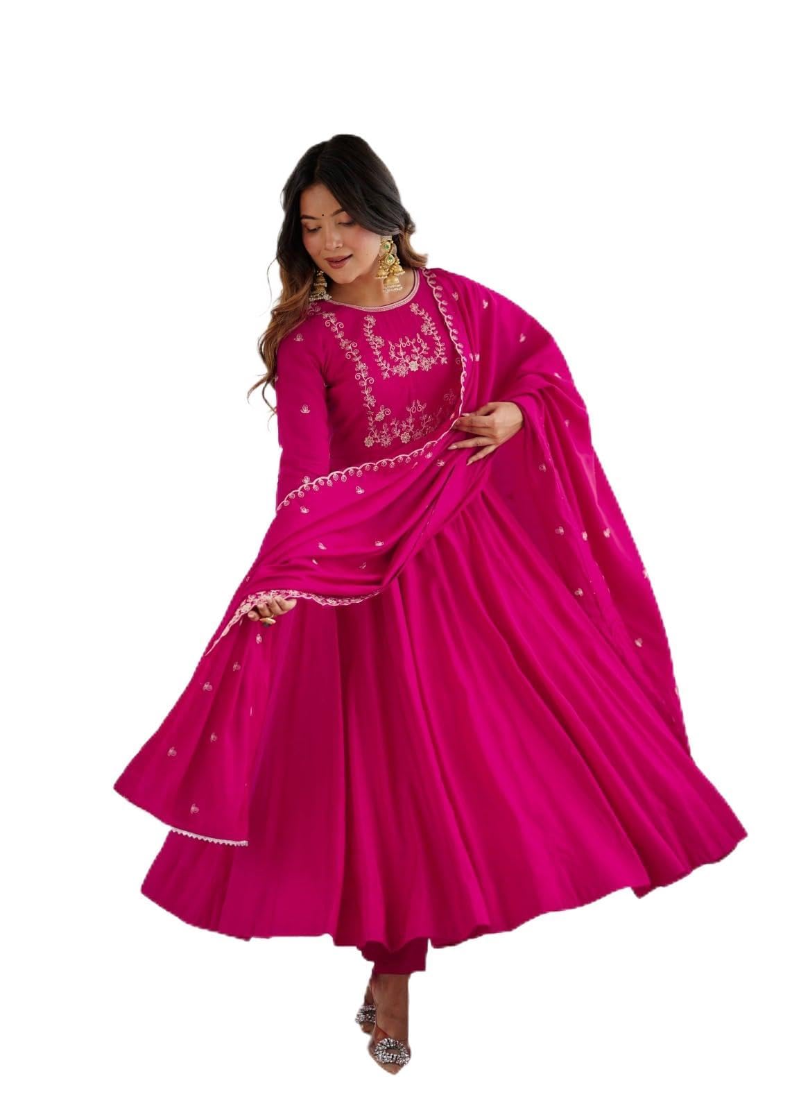 Women's Dark Pink Anarkali Gown with Dupatta, Pure Roman Chanderi Silk, Floral Embroidery, Full Flare-image-27
