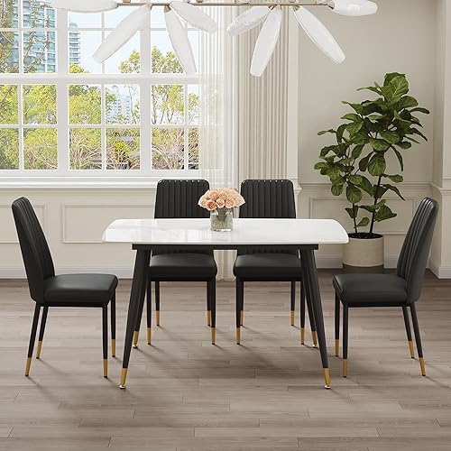 Miniatura 22 de Juego de mesa de comedor de piedra sinterizada moderna blanca de 50 pulgadas para 4 mesas de comedor de mármol sintético con 4 sillas tapizadas de 4