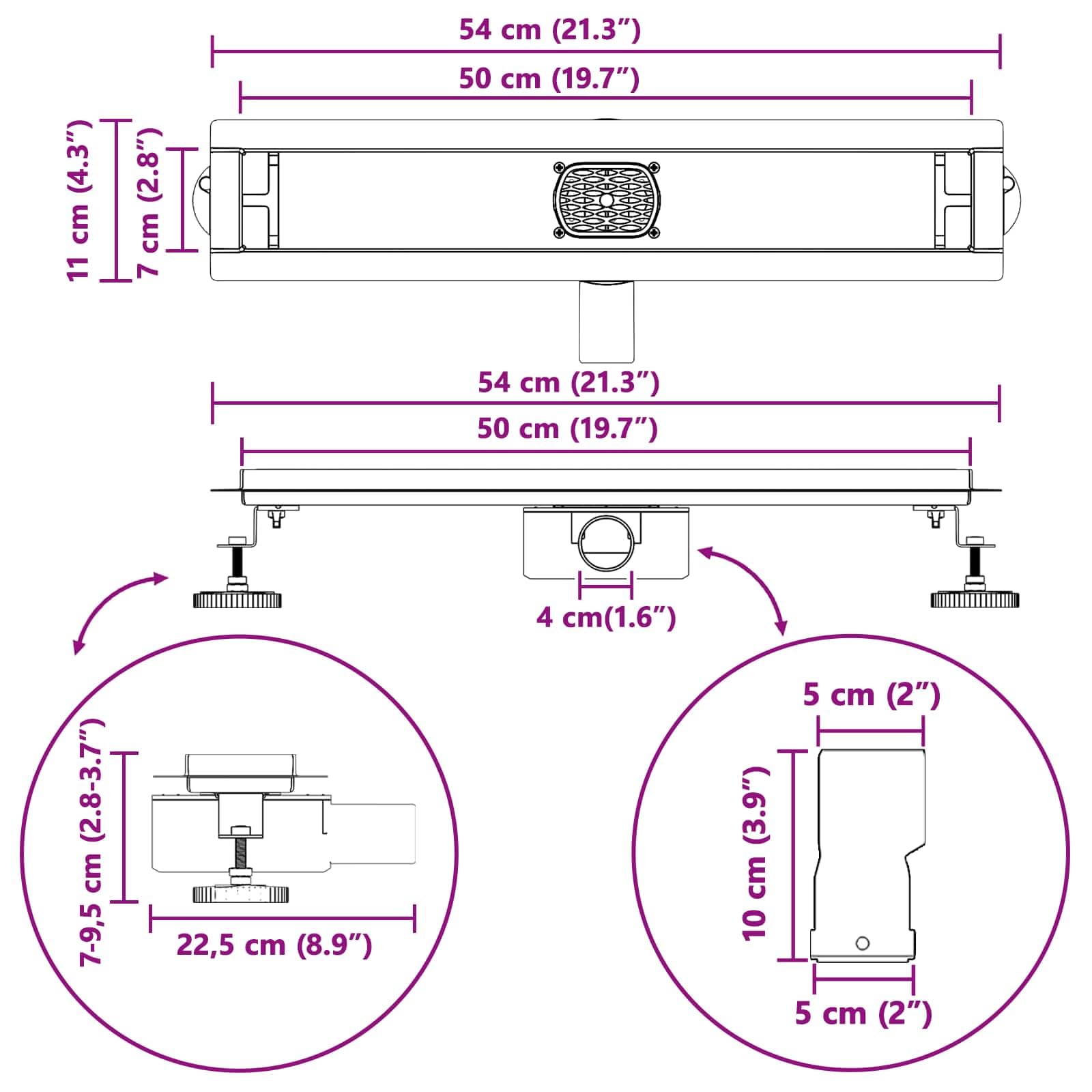 Duschablauf 2-in-1 mit 360° Siphon Schwarz aus Edelstahl 304, 50 cm lang, höhenverstellbar 0-30 mm, fliesenfähig, für Bad und Innenbereich, geruchsverschluss und abfluss mit Zubehör