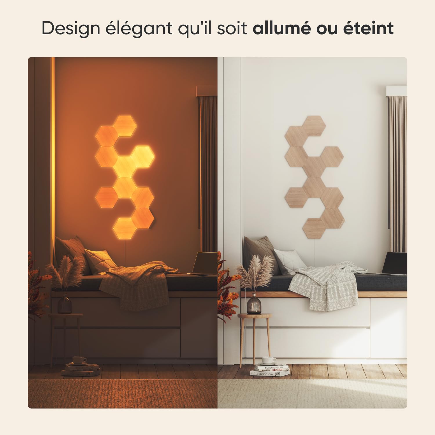 Nanoleaf Elements Kit de Démarrage, 7 Panneaux LED Connectés Effet Bois - Appliques Murales Luminaires Intérieur Hexagonales Modulaires et Variables Wi-Fi, Compatible Alexa, pour Salon Chambre Bureau